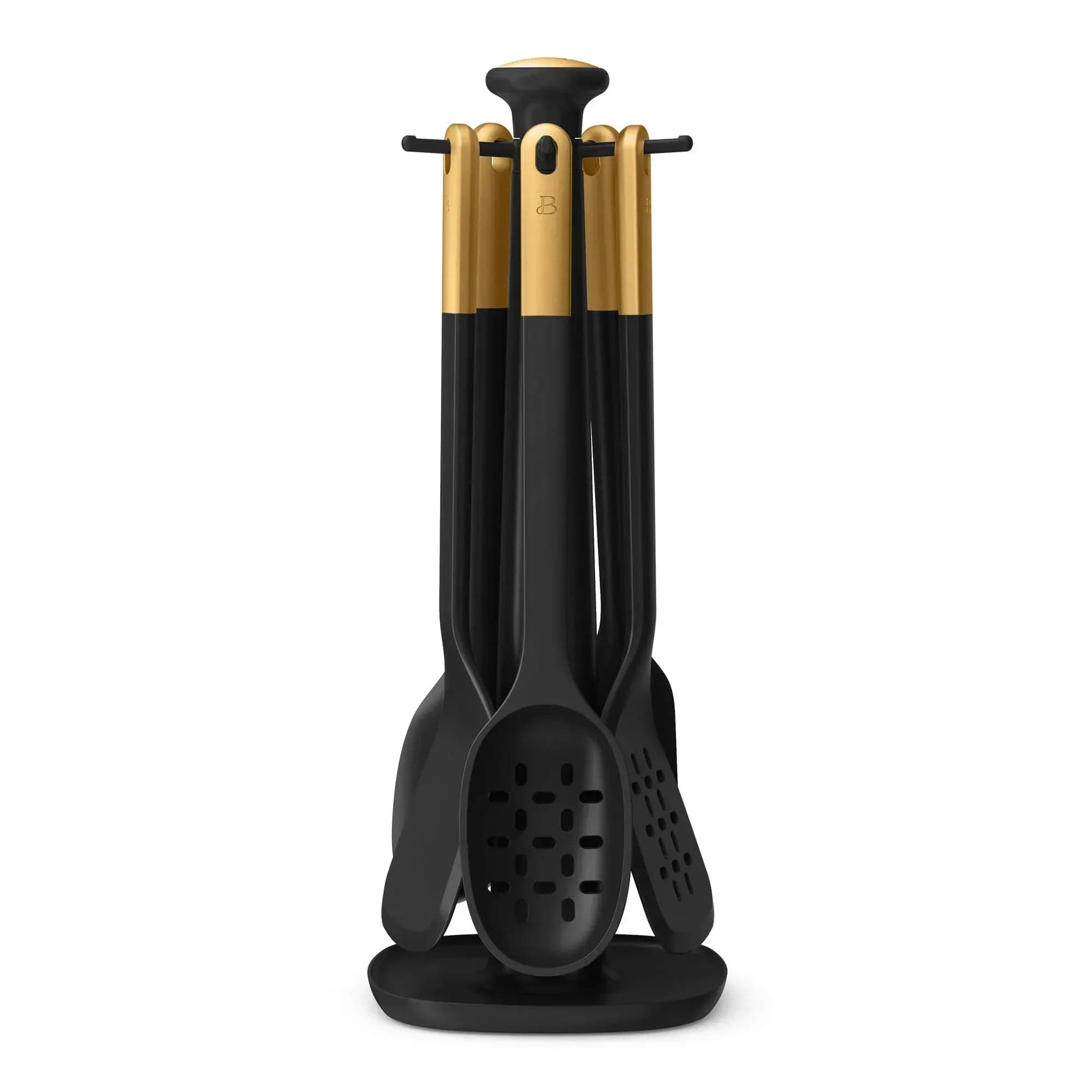 Beautiful 6-Piece Silicone Kitchen Utensil Tool Set with Rotating Rack, Black Sesame by Drew Barrymore