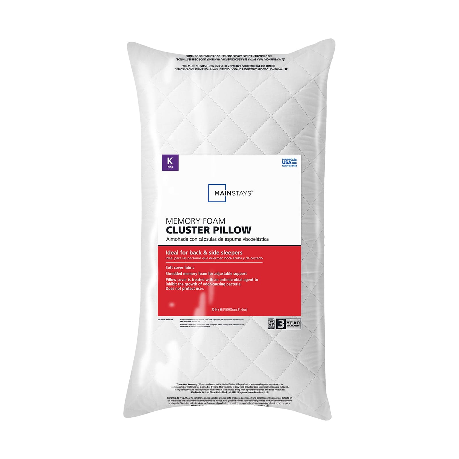 Mainstays Brushed Microfiber Foam Cluster King Bed Pillow, Antimicrobial