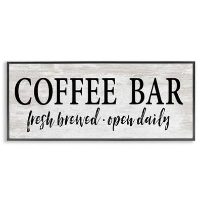 Stupell Industries Coffee Bar Open Sign Rustic Grain Pattern Framed Giclee Art, Black, 30" x 13"