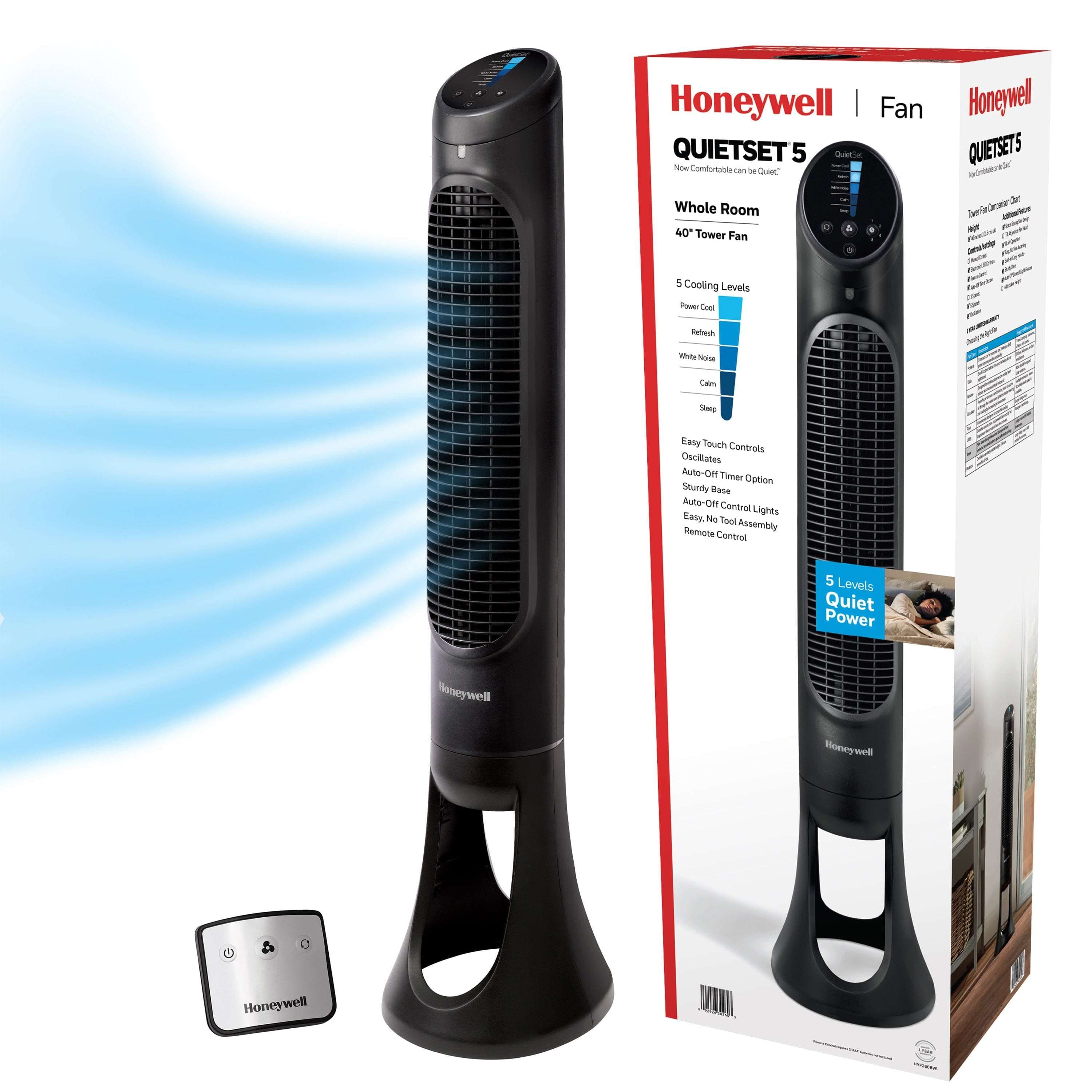 Honeywell 40" White QuietSet Oscillating Tower Fan, 30ft Air Circulation Power, 5 Speed, Auto-Off Timer, HYF260W