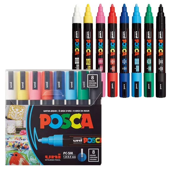 Uni POSCA PC-5M Paint Markers, 8 Assorted Colors, Medium Tip (1.8-2.5mm)