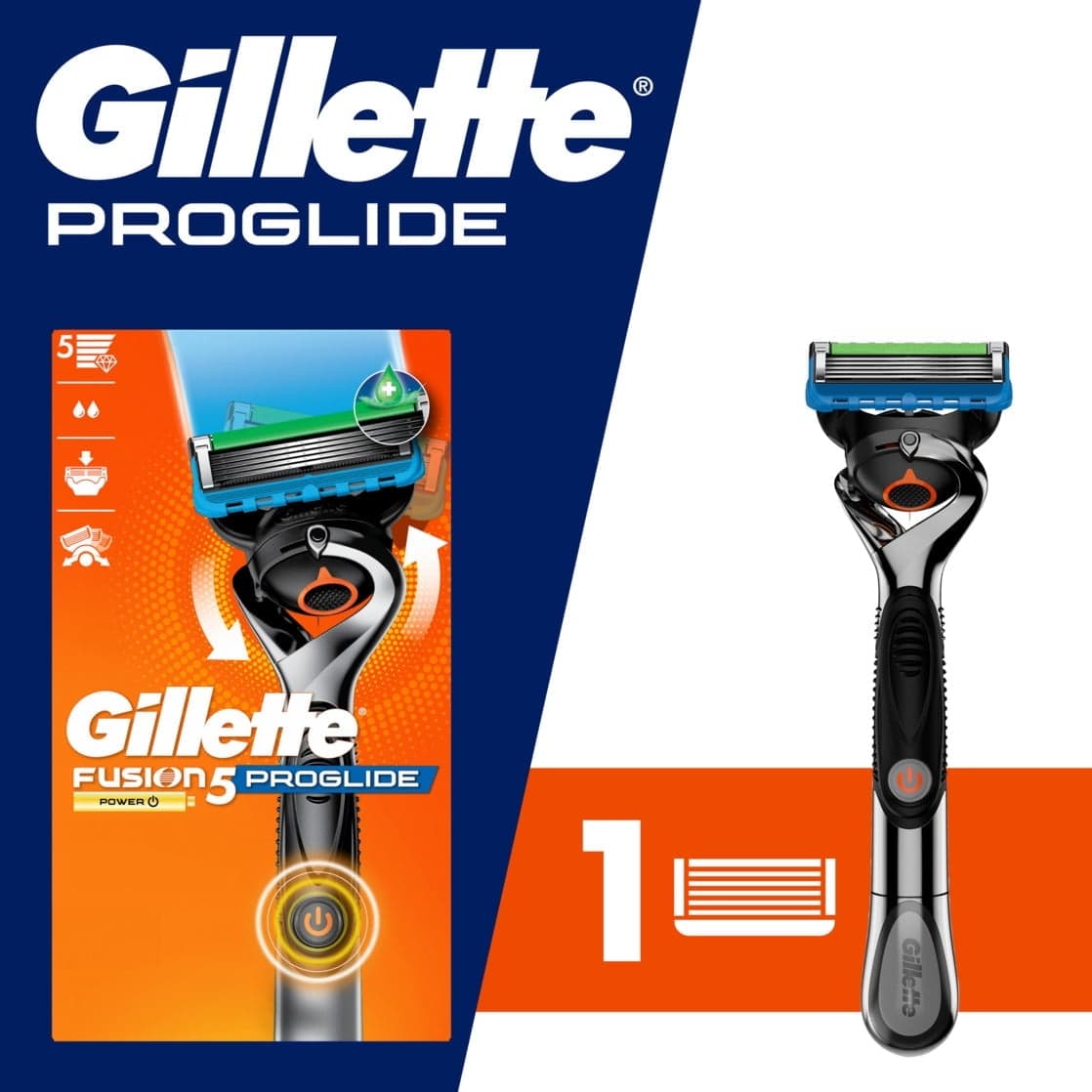 Gillette ProGlide Power Men's Razor Handle + 1 Blade Refill, Blue