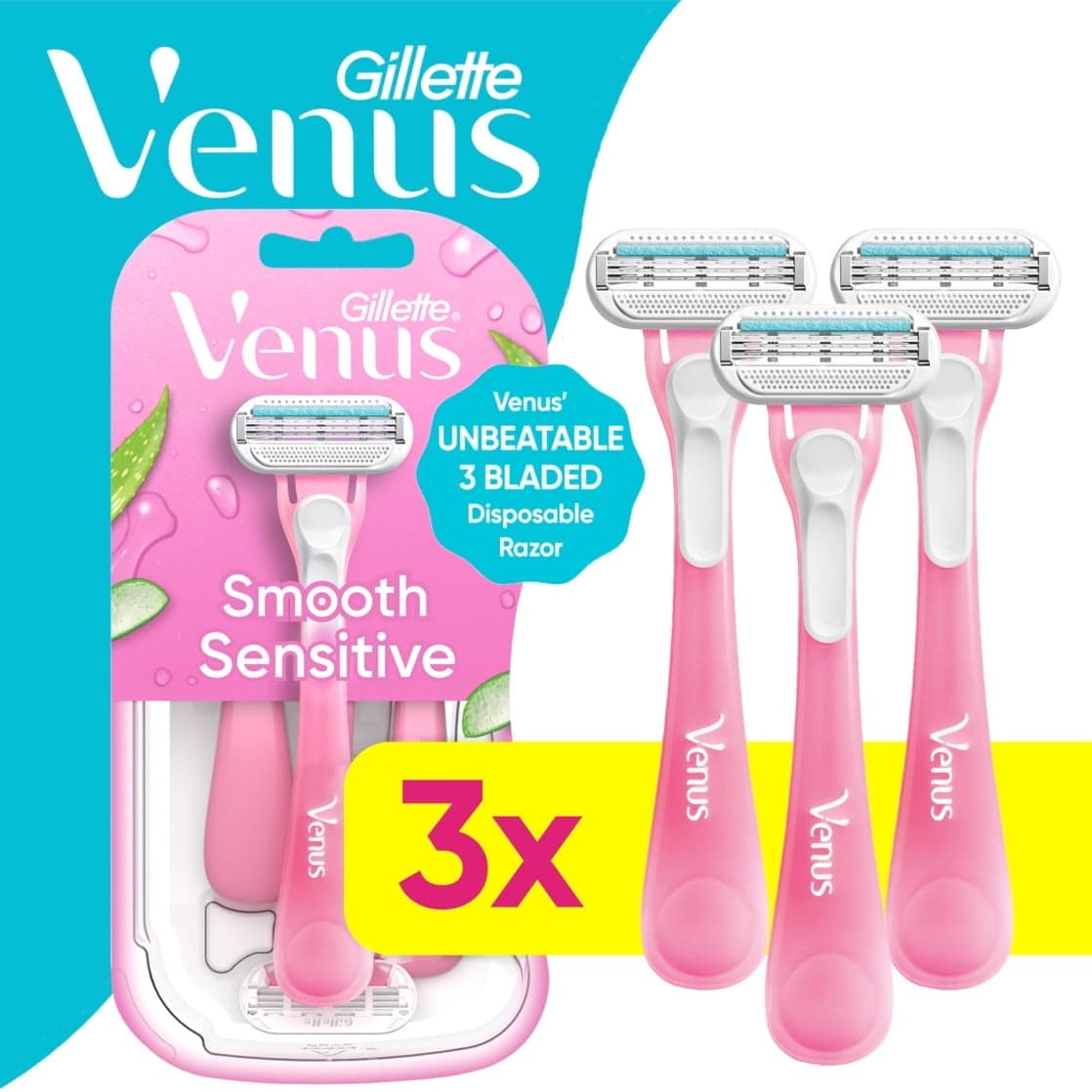 Venus Sensitive Women's 3 Blade Disposable Razor, 3 Count, Pink