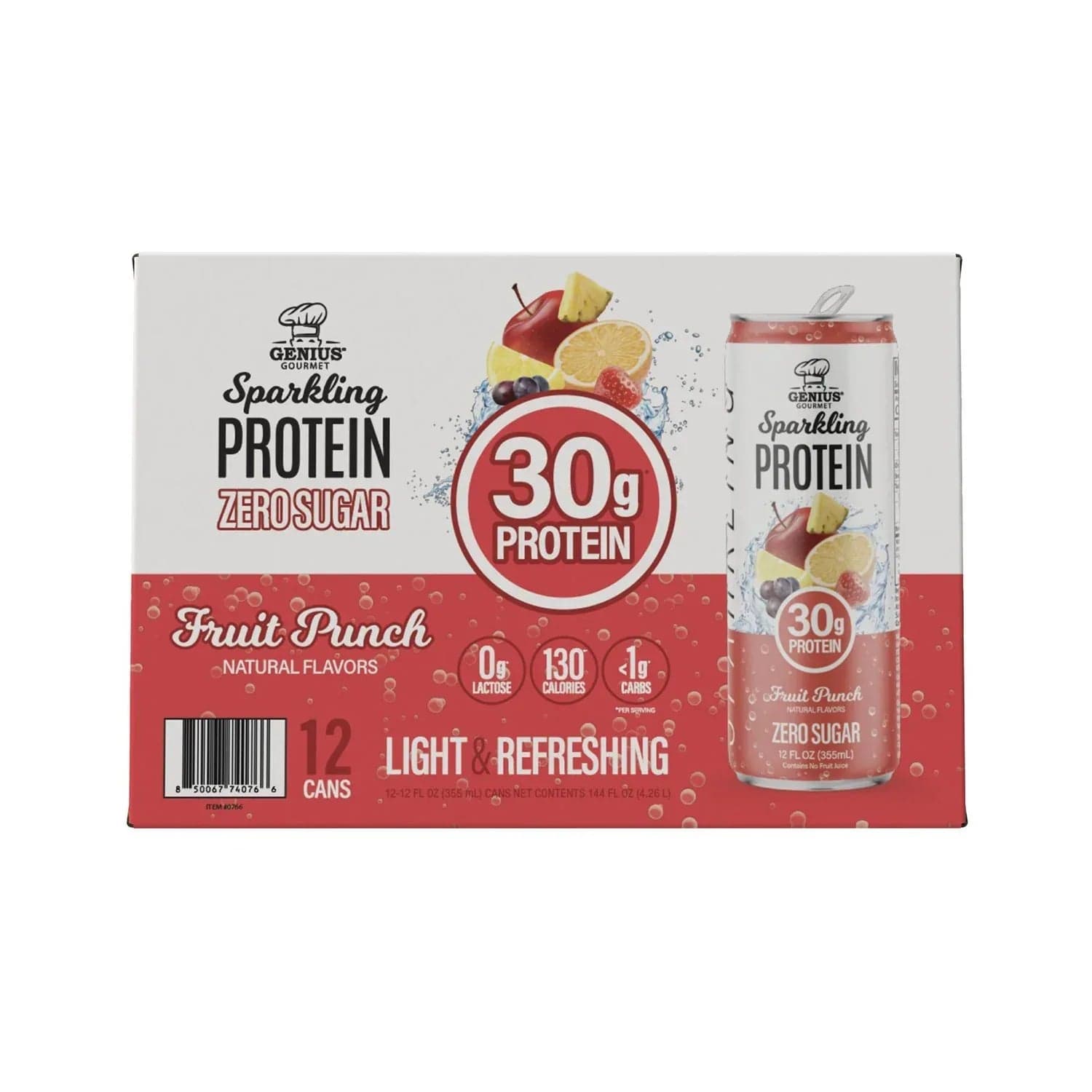 Genius Gourmet Sparkling Protein, Fruit Punch, 12 fl oz, 12-Pack