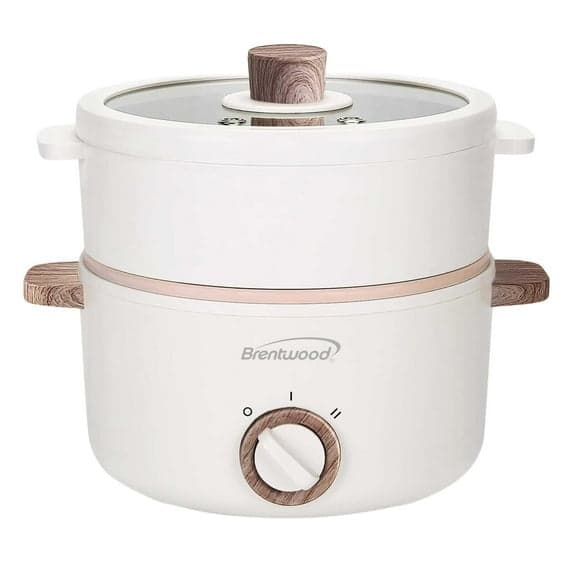 Brentwood 1.6-Qt. Multi-Function Electric Hot Pot Cooker with Stainless Steel Food Steamer and Ceramic Non-Stick Coating, White, HPS-3162W