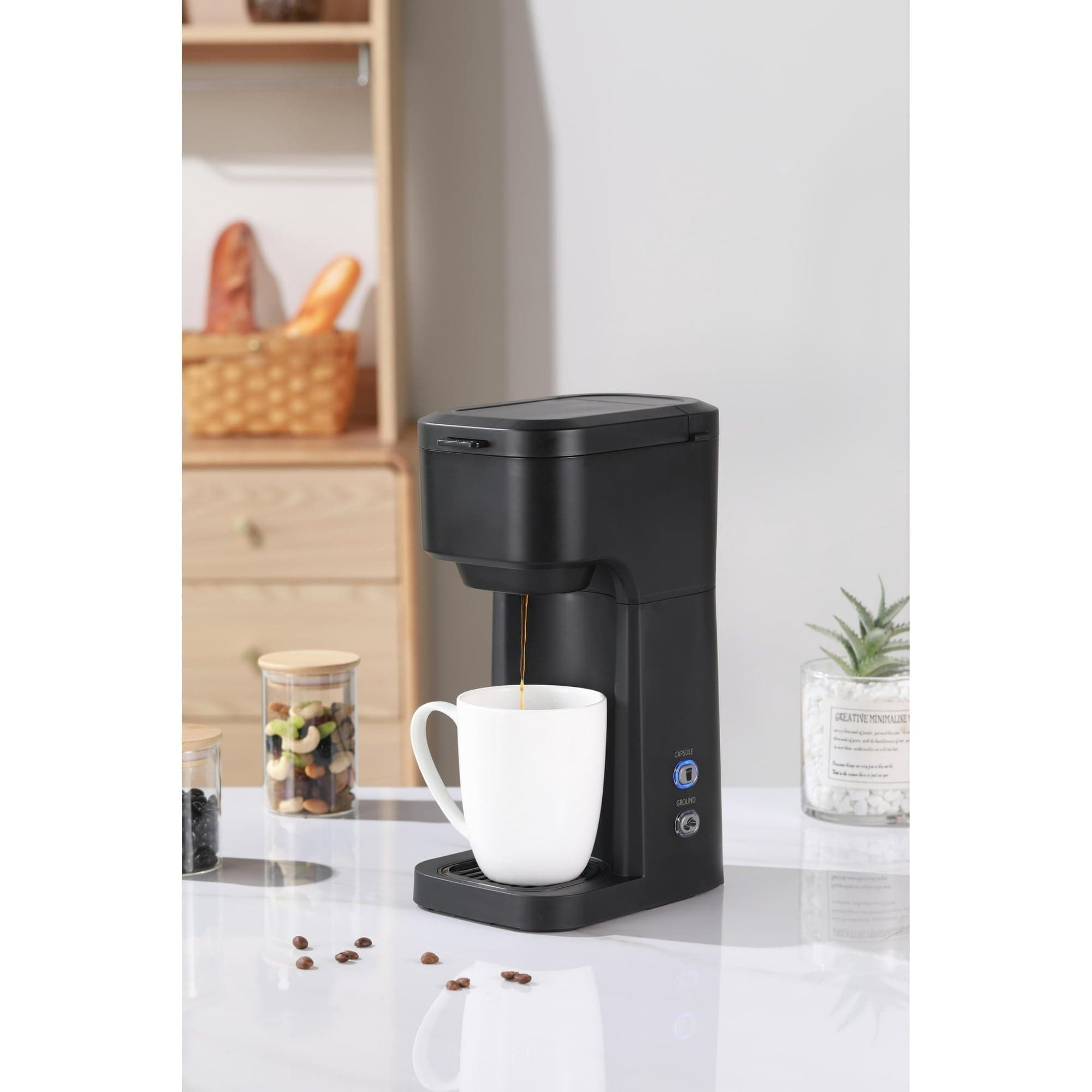 Mainstays Black Matte Dual Brew Coffee Maker, Single Serve, Auto Shutoff, 14 oz Reservoir