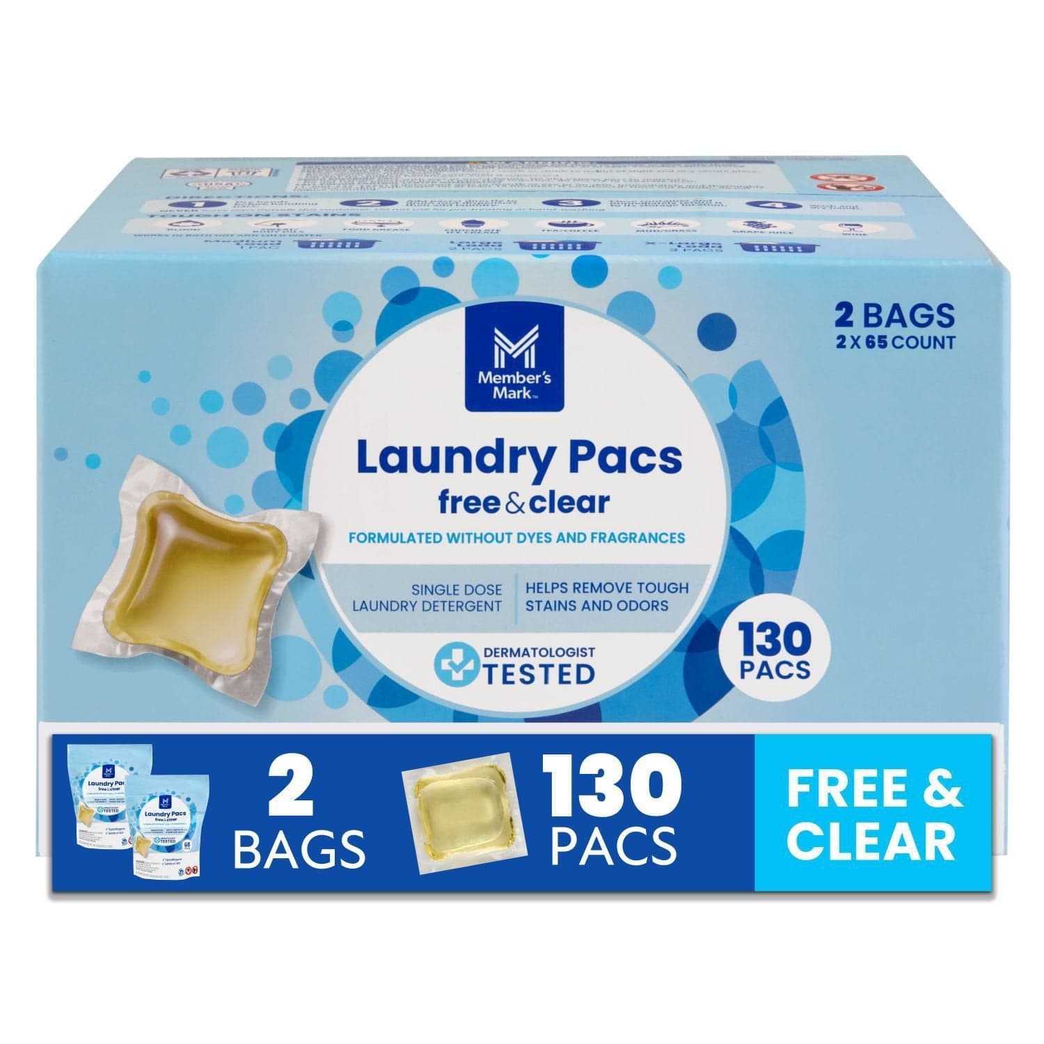Member's Mark Laundry Pacs Ultimate Clean, Free & Clear, 130 Pacs