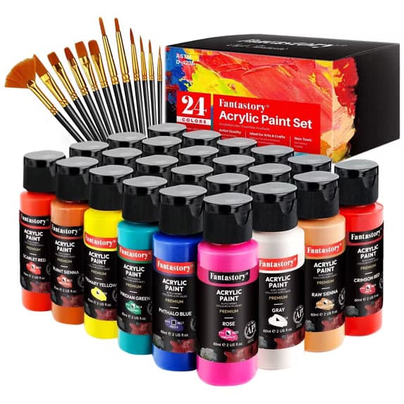Acrylic Paint Set, 24 Classic Colors (2 oz), Craft Paint Kit with 12 Brushes