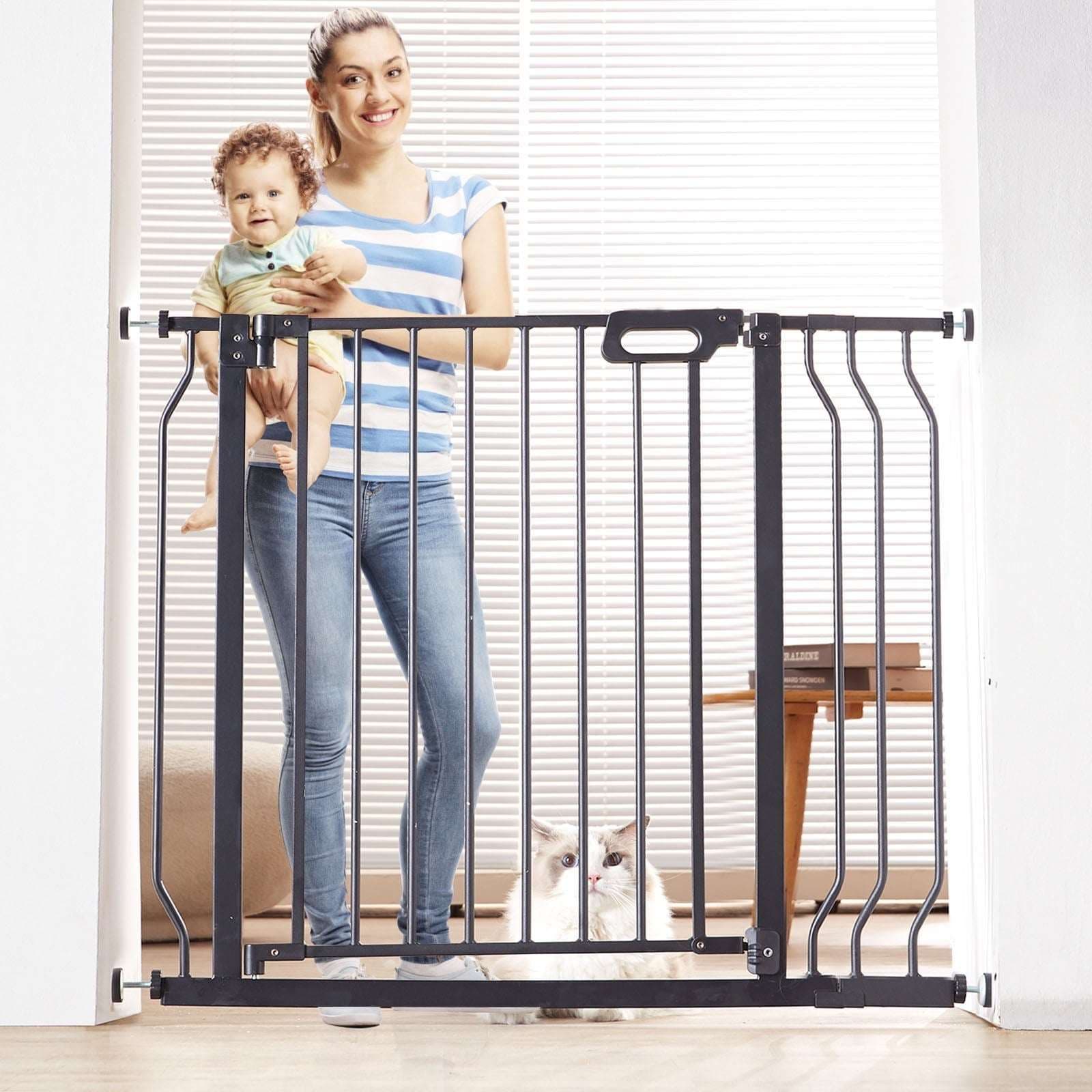BENTISM 30" Extra Tall Baby Gate for Stairs and Doorways, Fits Openings 29.5" to 39" Wide, Auto Close Pressure Mounted Walk Through Pet Gate with Door, Black