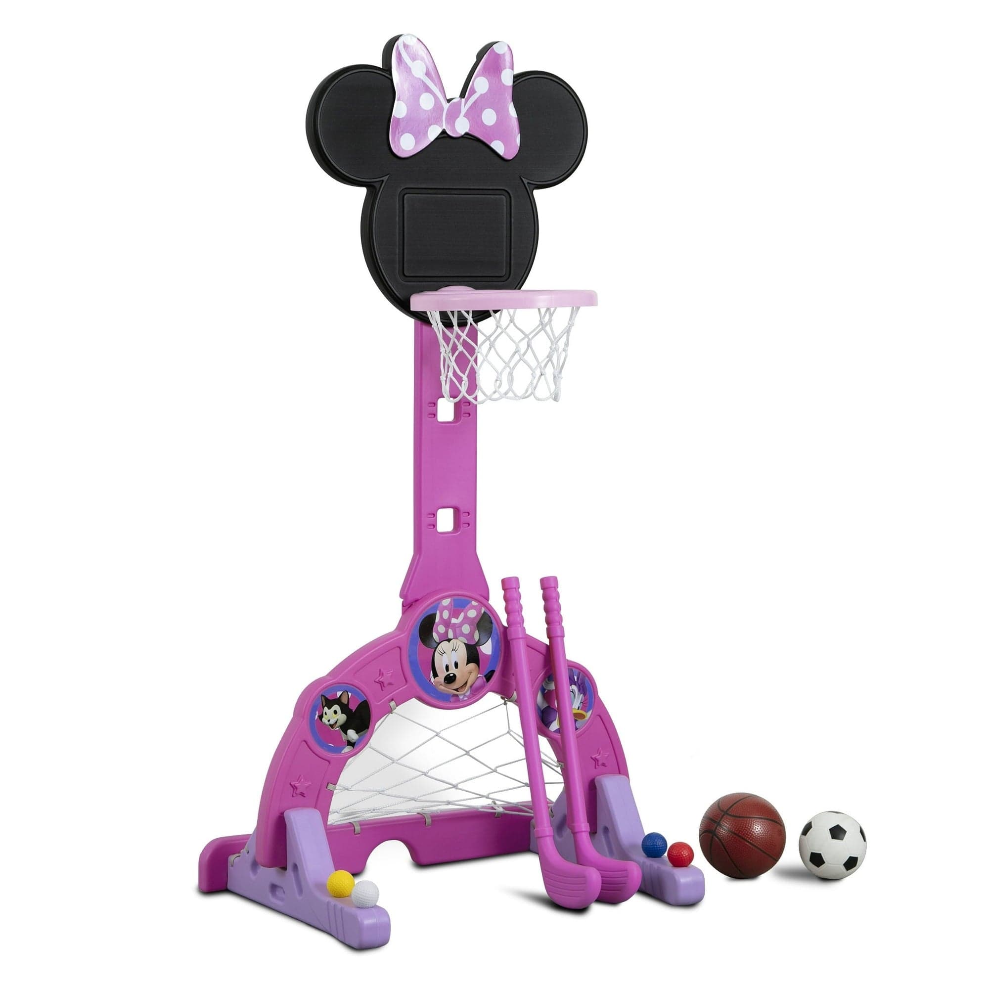 Disney Minnie Mouse 4-in-1 Sports Center - Adjustable Basketball Hoop, Soccer/Hockey Net & Golf, Pink