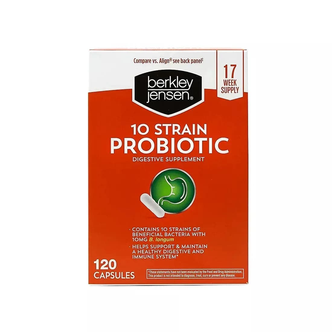 Berkley Jensen Natural 10-Strain Probiotic Dietary Supplement, 120 Capsules