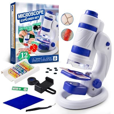 Joyfy 2 in 1 Microscope Set for Kids, Portable Microscope with 12 Specimen Slides, 60X-180X, Educational Science Kit STEM Toys for Kids Aged 5+