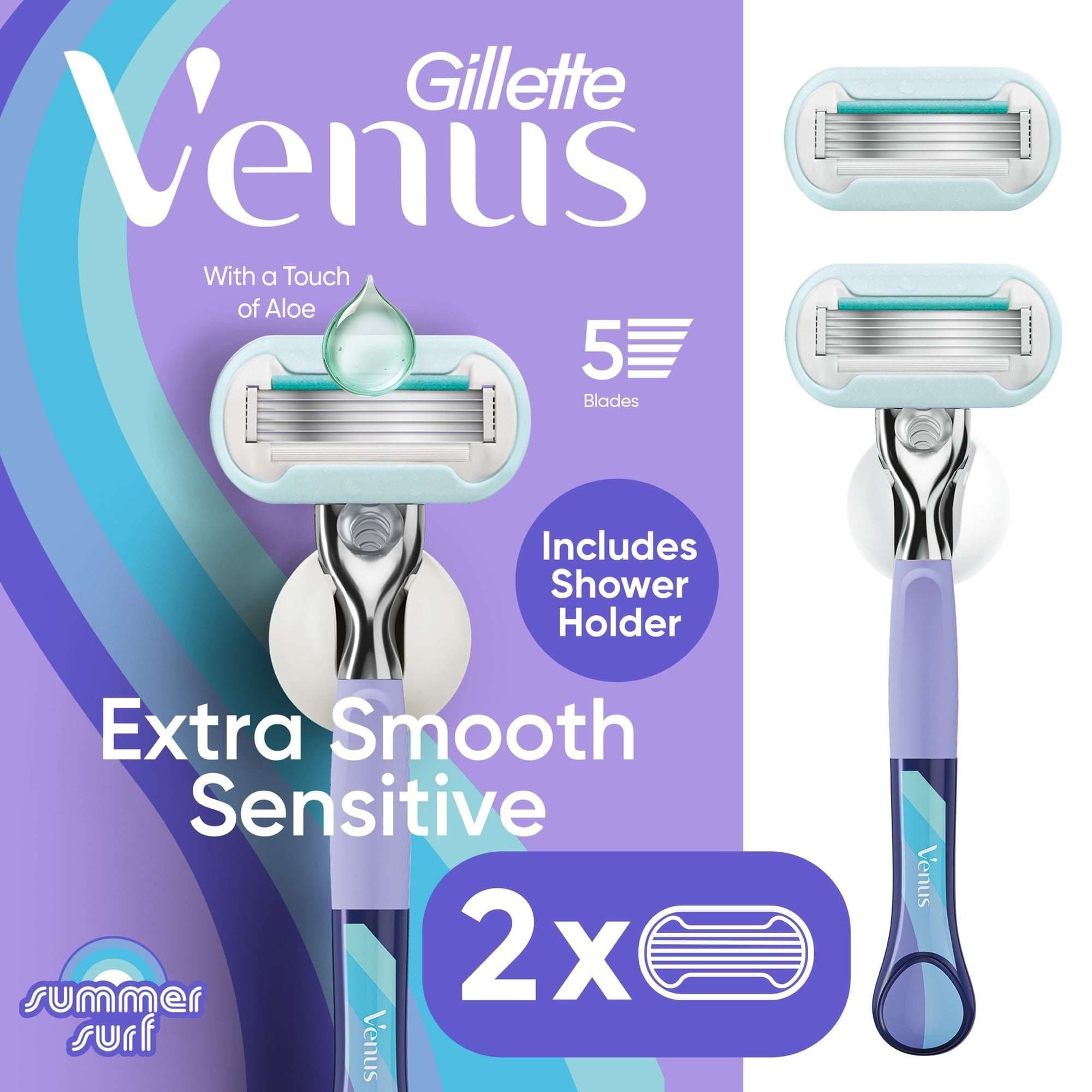 Venus Manual Razor, Summer Surf Extra Smooth Sensitive, 5 Blade Razor, Handle + 2 Refills