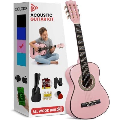 Pyle Beginners 6-String Acoustic Guitar Kit - Includes Complete Accessory Kit with Picks, Strap, Tuner, and Gig Bag for Easy Learning (Pink)