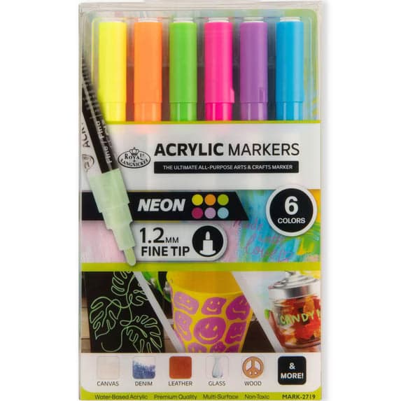 Royal & Langnickel Neon Acrylic Markers Set, 6 Piece, 1.2mm Tip