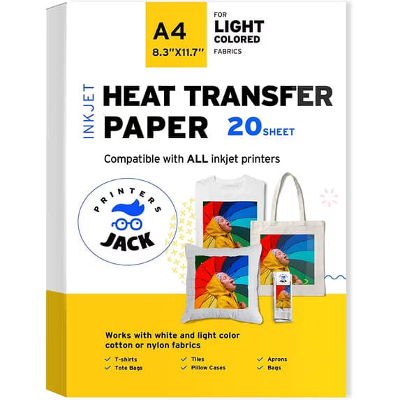 Printers Jack Iron-on Heat Transfer Paper for White and Light Fabric, 1 Layer, 20 Sheets, 8.3 x 11.7 in