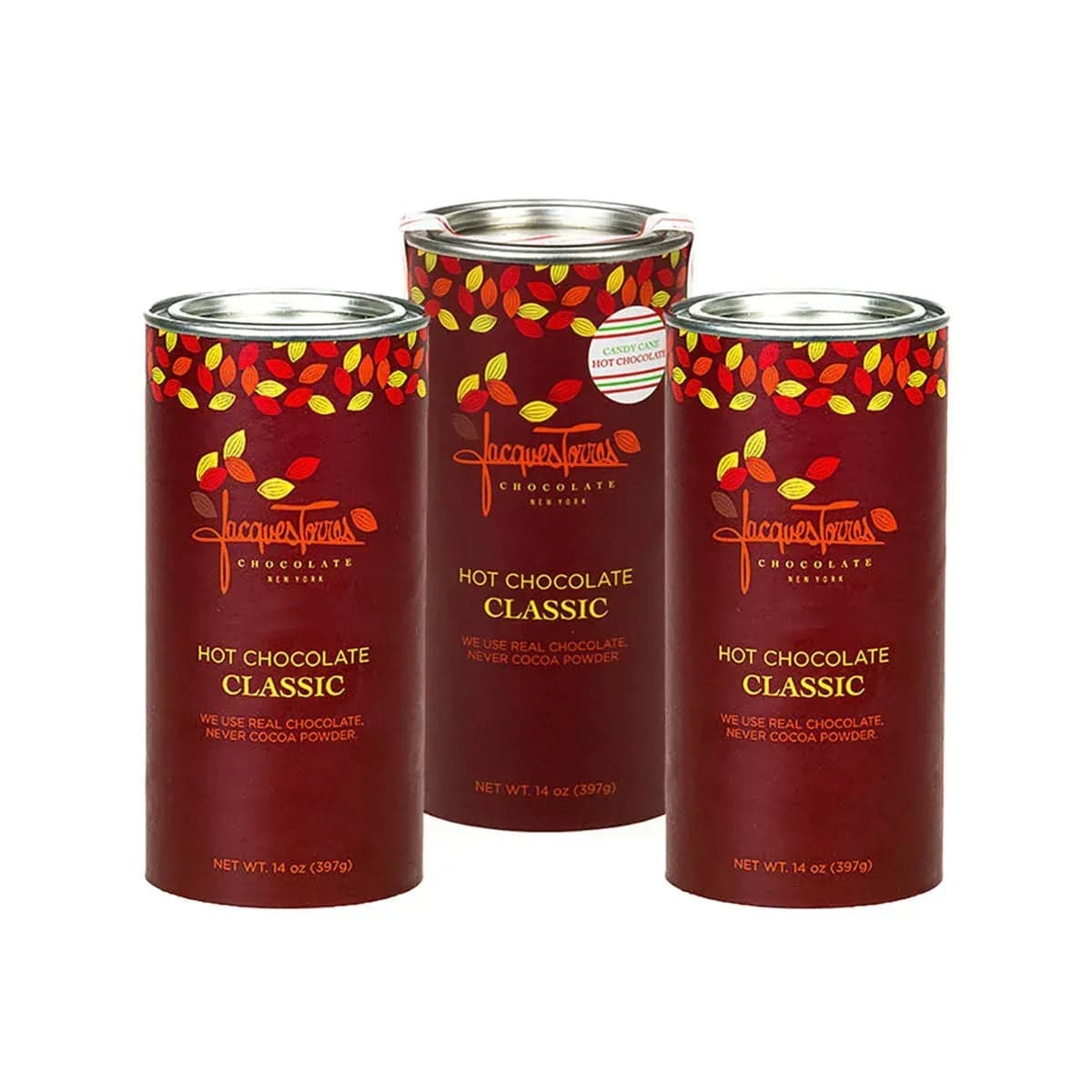Jacques Torres 14 oz. Assorted Hot Chocolate Tin and Candy Cane Hot Chocolate Tin, 3 Count, 42 oz. Total