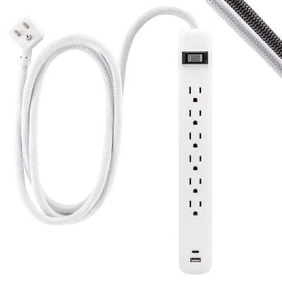 GE 6' Power Strip 6 Outlets 1 USB C and 1 USB A Flat Plug with Braided Extension Cord White