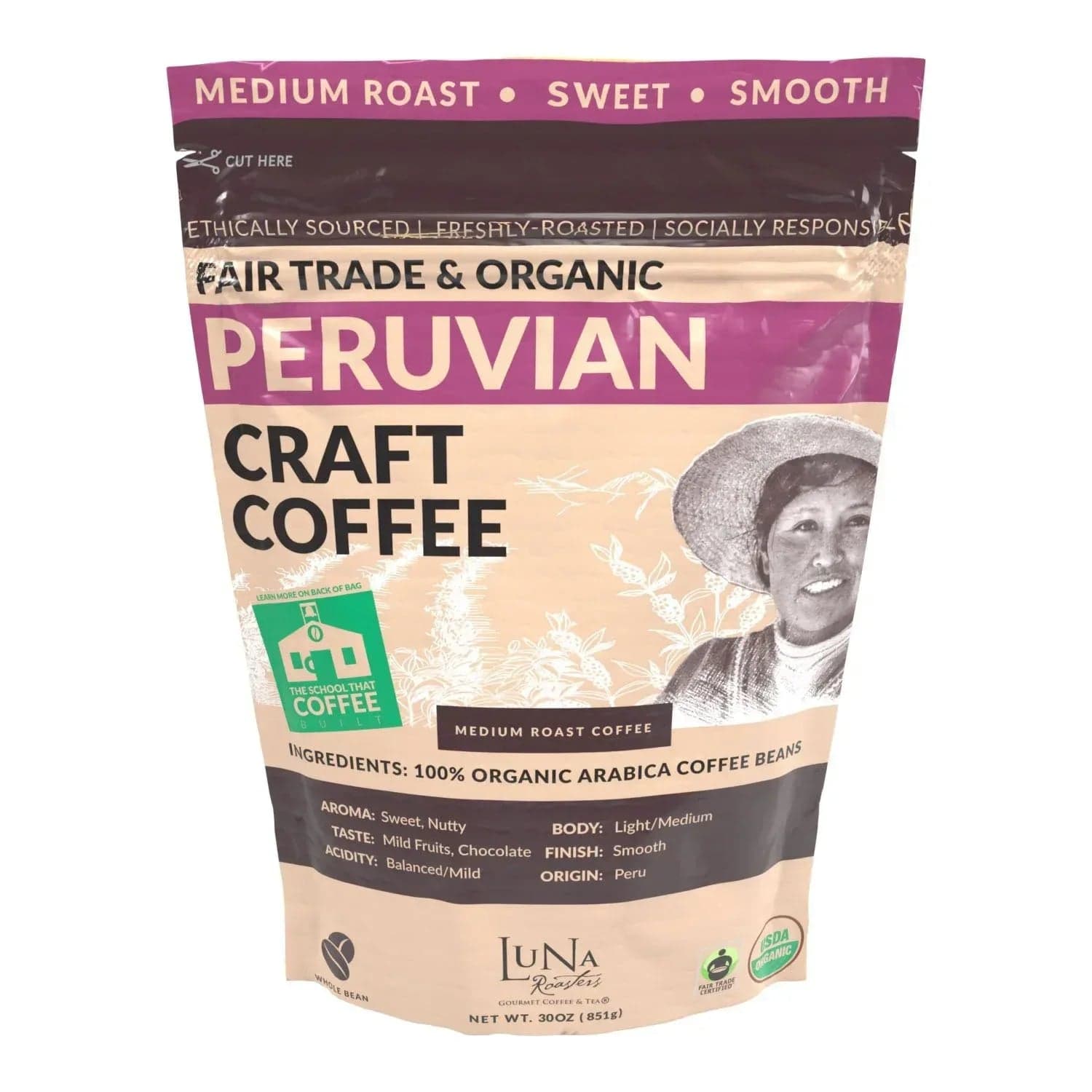 Luna Roasters Medium Roast Organic Peruvian Whole Bean Coffee, 30 oz.