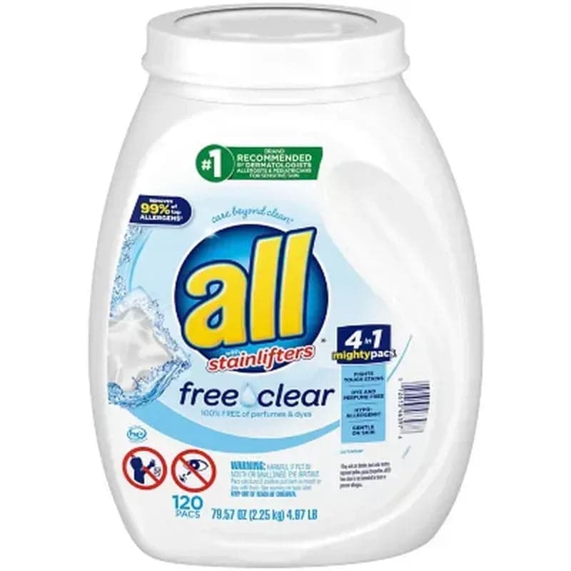 All Mighty Pacs Laundry Detergent, Free Clear for Sensitive Skin (120 Ct.)