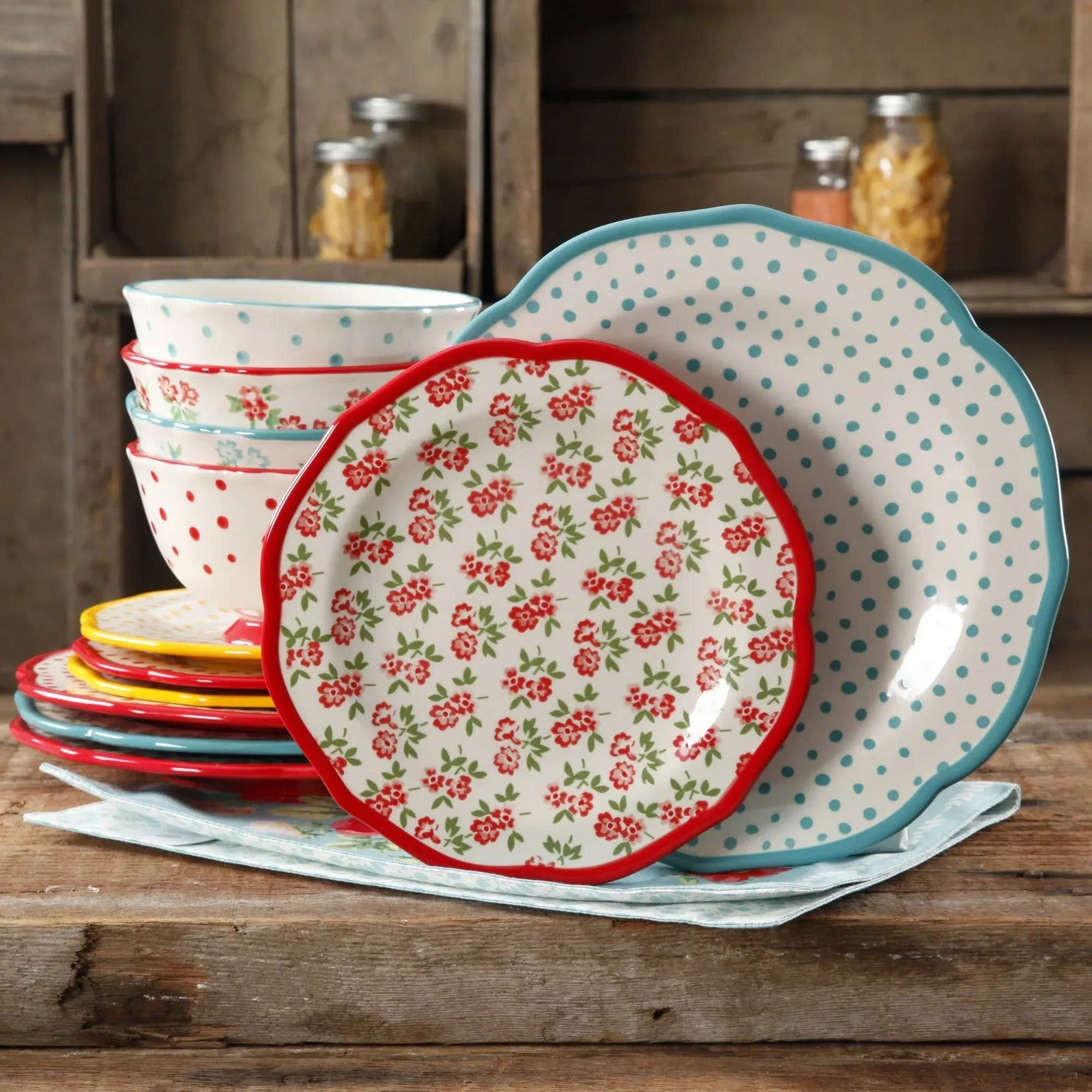 The Pioneer Woman Timeless Floral & Retro Dot 12-Piece Dinnerware Set, Multicolor