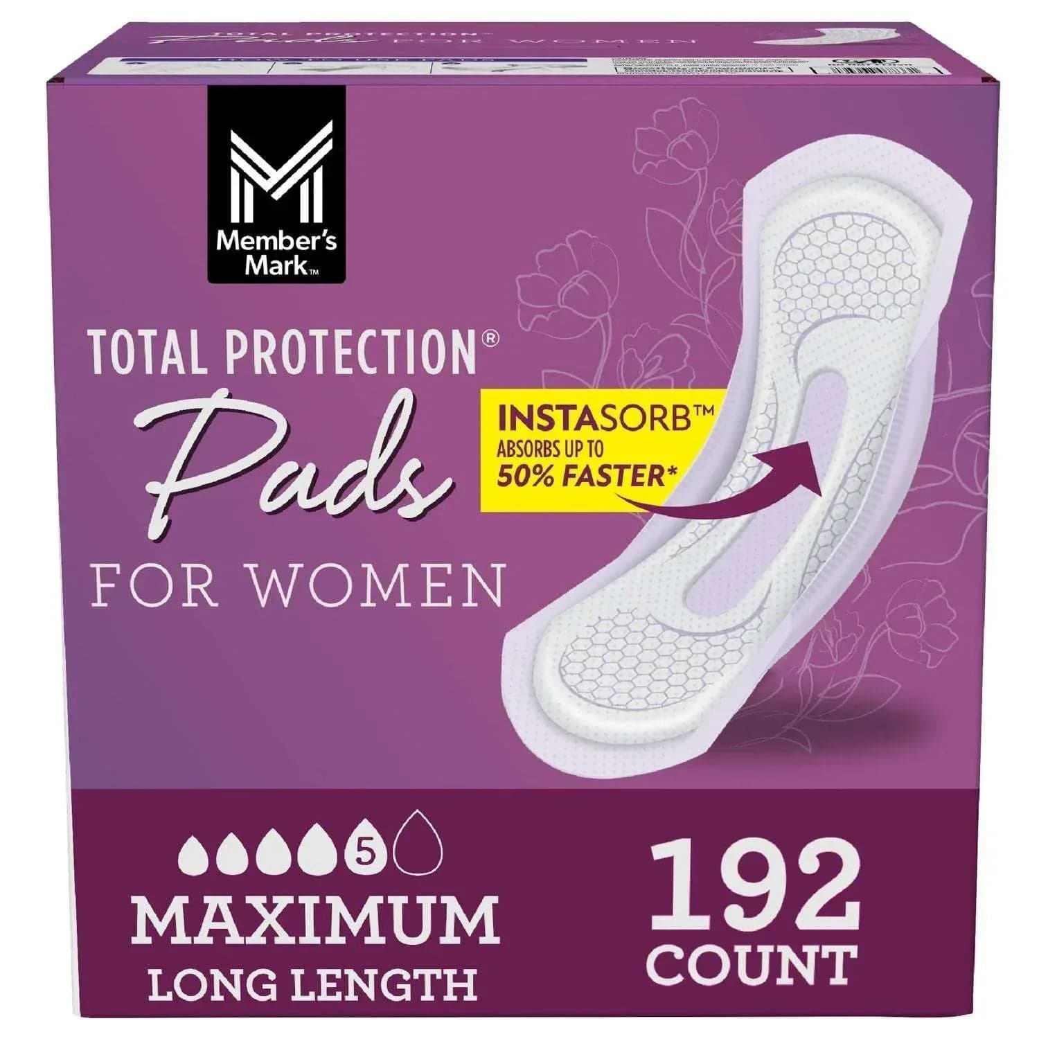 Member's Mark Total Protection Maximum Long Pads, 5 Drop, 192 ct.