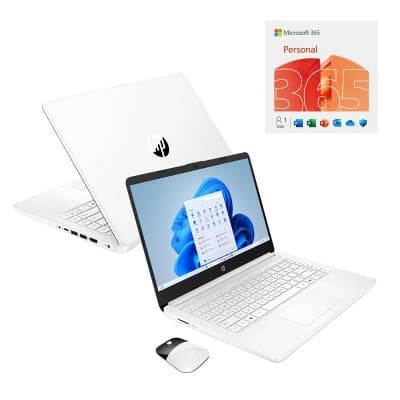 HP 14" HD Touchscreen Notebook Intel N150 4GB RAM 128GB SSD Snowflake White + HP Wireless Mouse + One Year M365 Subscription
