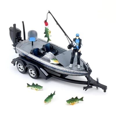 Big Country Toys 1/20 Professional Bass Boat With Angler, Fish, Fishing Pole, And Boat Trailer 498