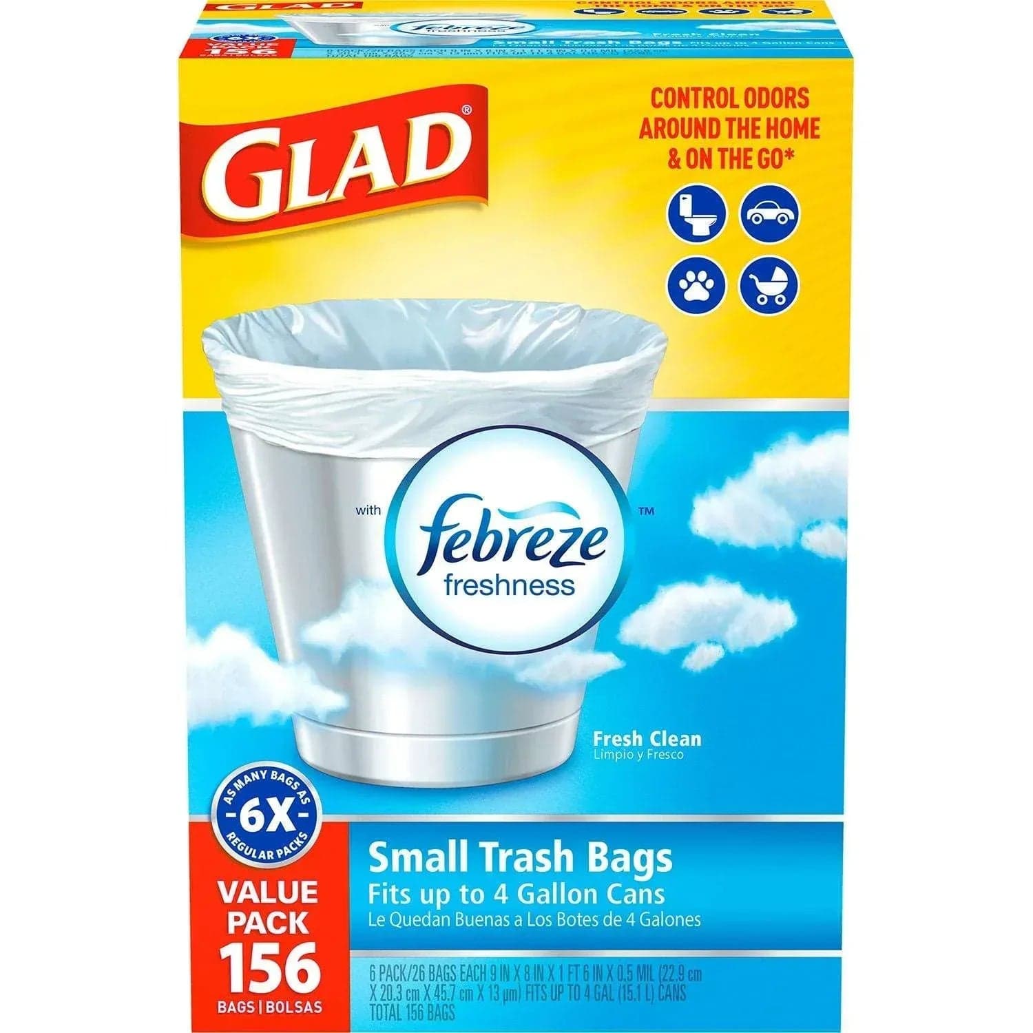 Glad Small Twist-Tie White Trash Bags, Fresh Clean Scent with Febreze Freshness, 4 gal., 156 ct.