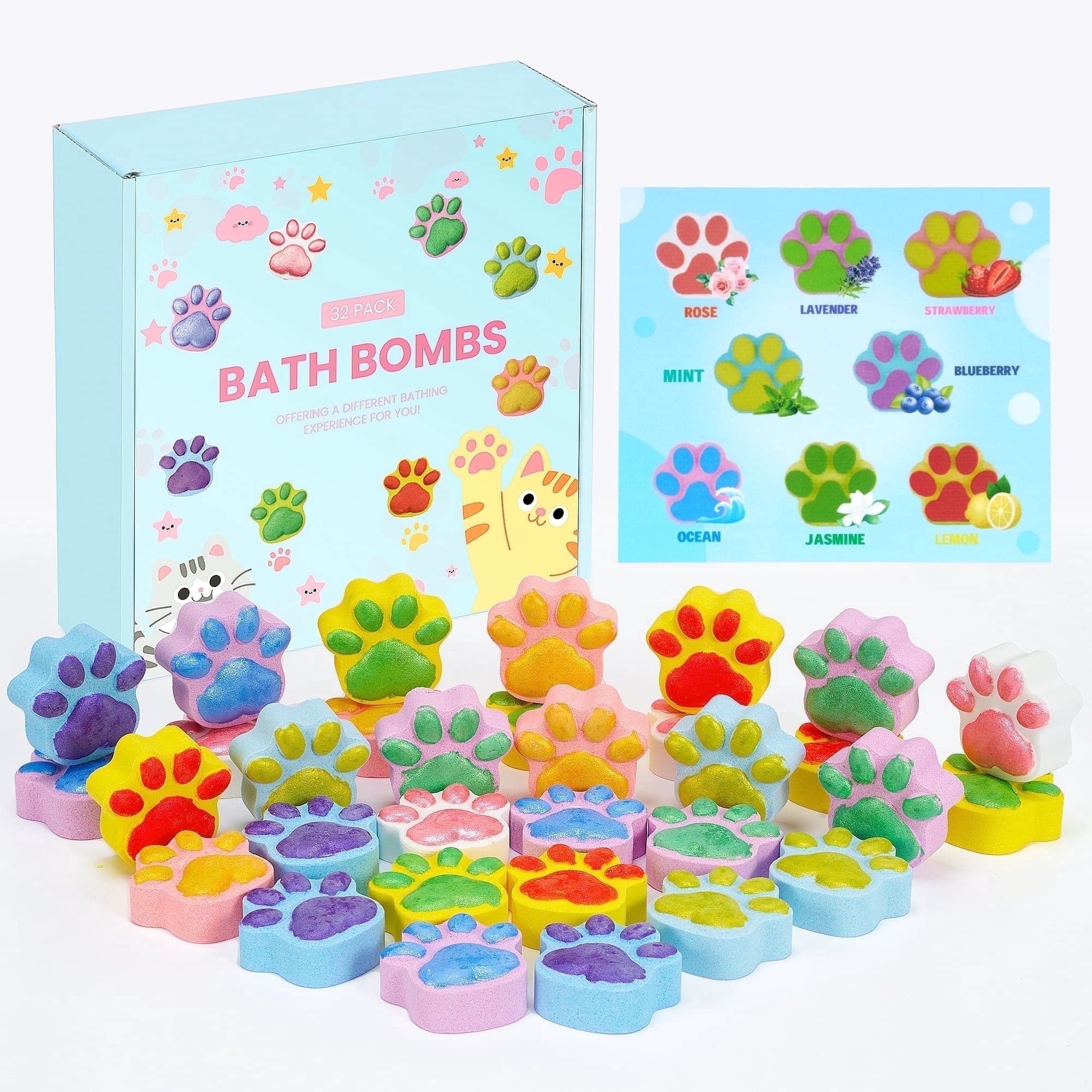 Bath Bomb Gift Set, 32 Pcs Cat Paw Bath Bombs with Shea & Coco Butter