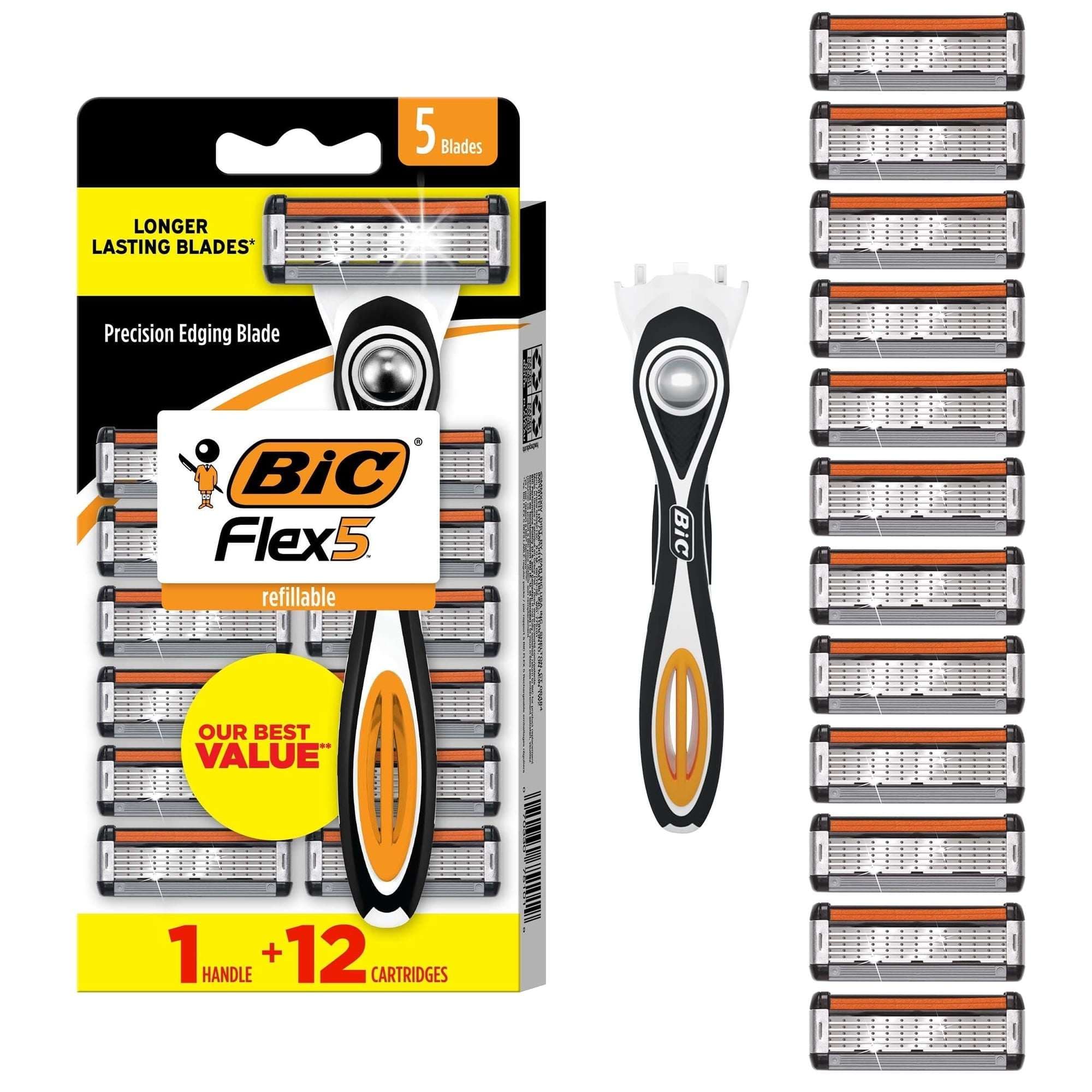 BIC Flex 5 Men's Refillable Razors, 5 Blades, 1 Handle, 12 Cartridges
