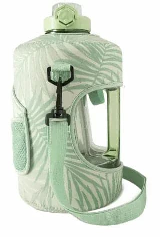 TAL Motivational Gallon Jug Water Bottle with Handle, Push Button Lid & Straw, Neoprene Sleeve, Easy-Carry Strap, Green Palms