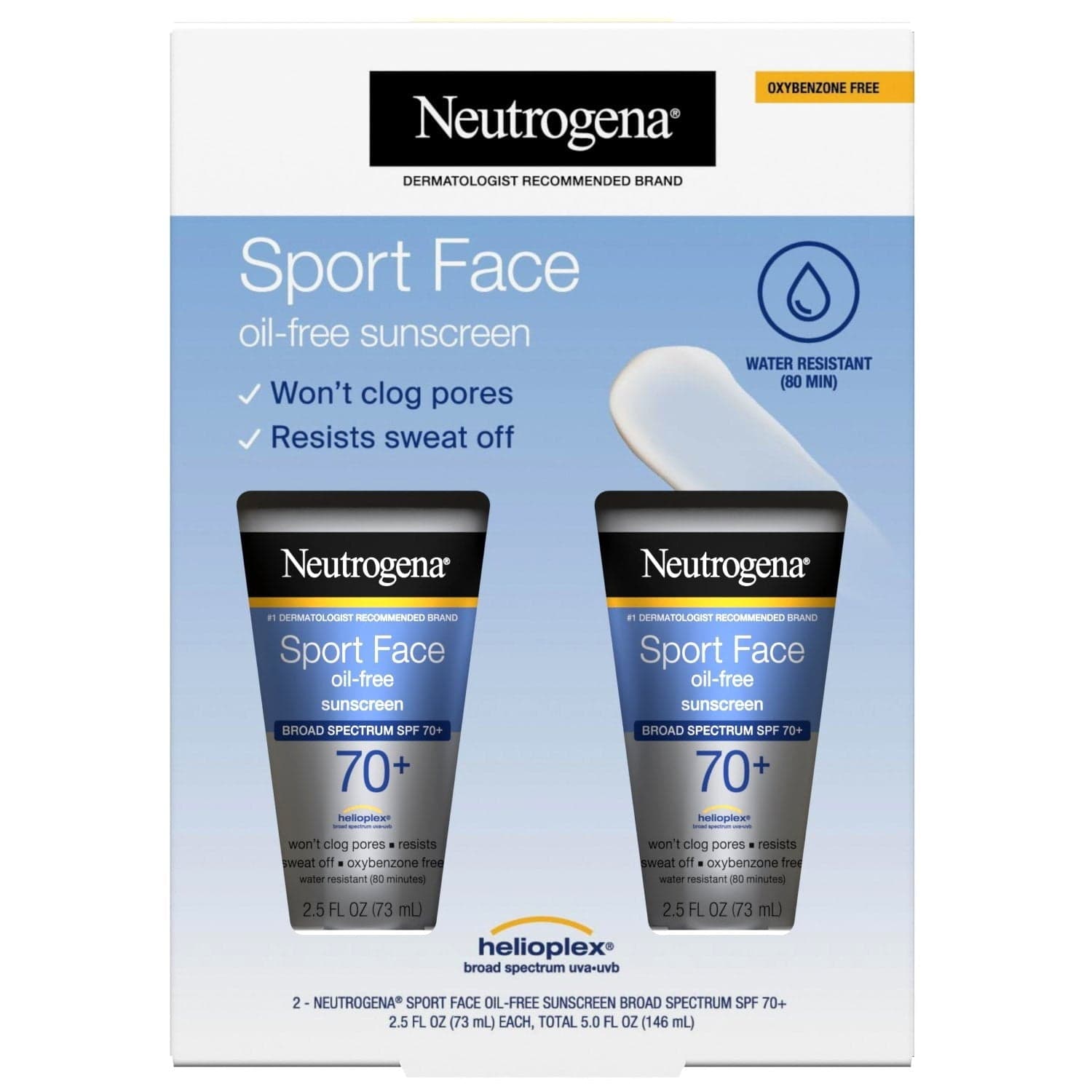 Neutrogena Sport Face Sunscreen, Oil-Free, 2 pk, 2.5 fl oz