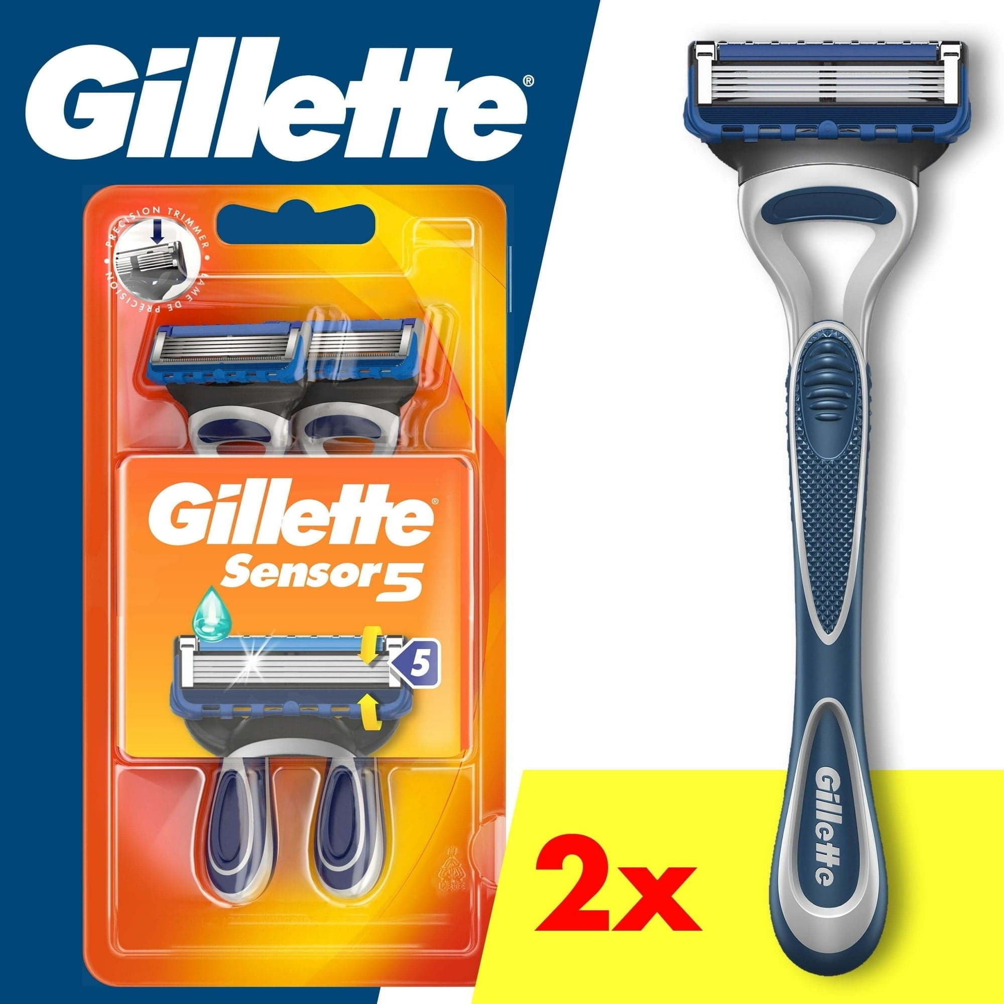 Gillette Sensor5 Men's Disposable Manual Razor, 2 Count, Silver and Blue