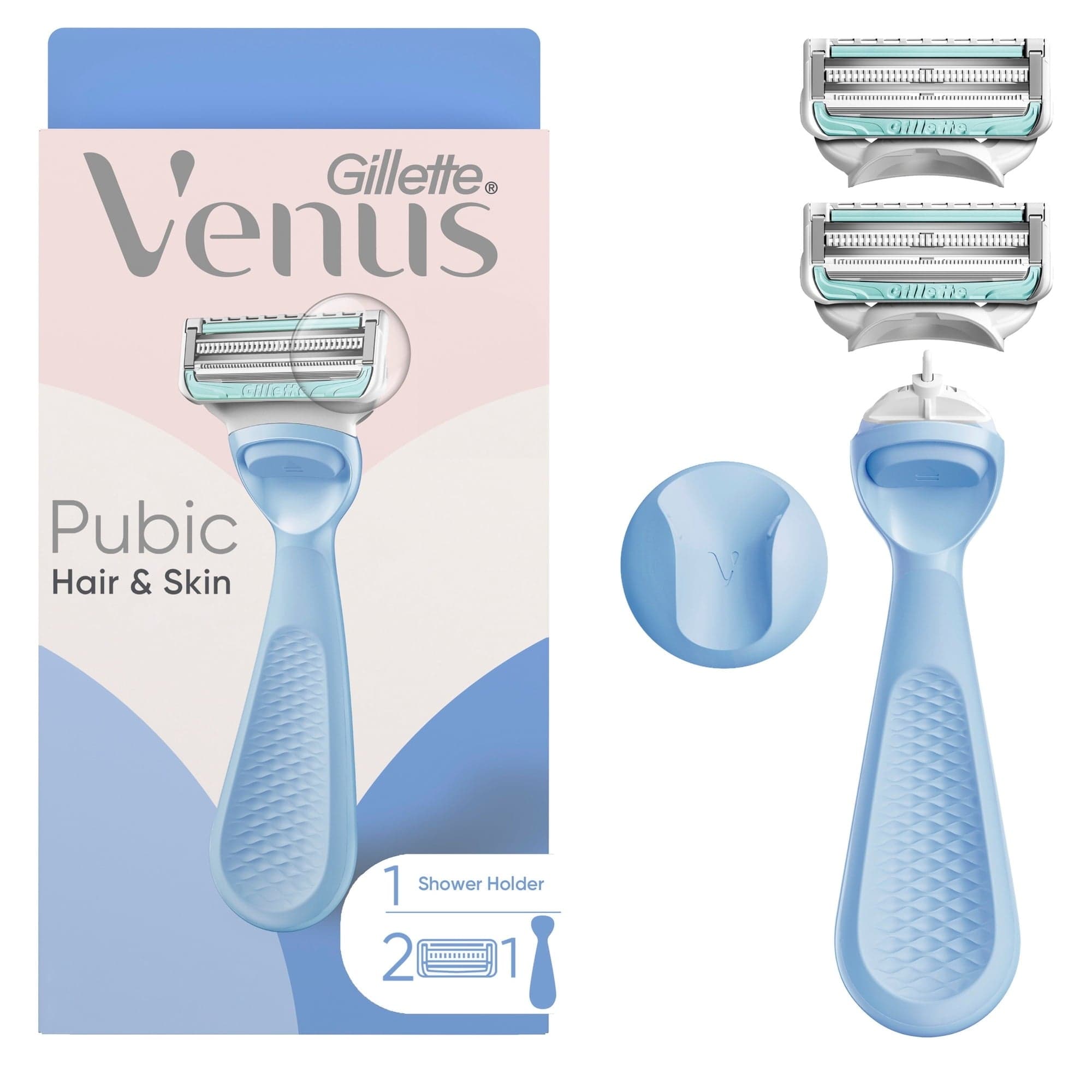 Venus Razor Kit for Pubic Hair & Skin, 1 Handle + 2 Refills + Shower Hook, Purple