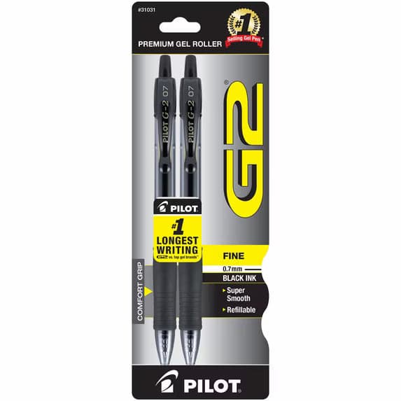Pilot G2 Retractable Gel Ink Pens, Fine Point, Black, 2 Pack