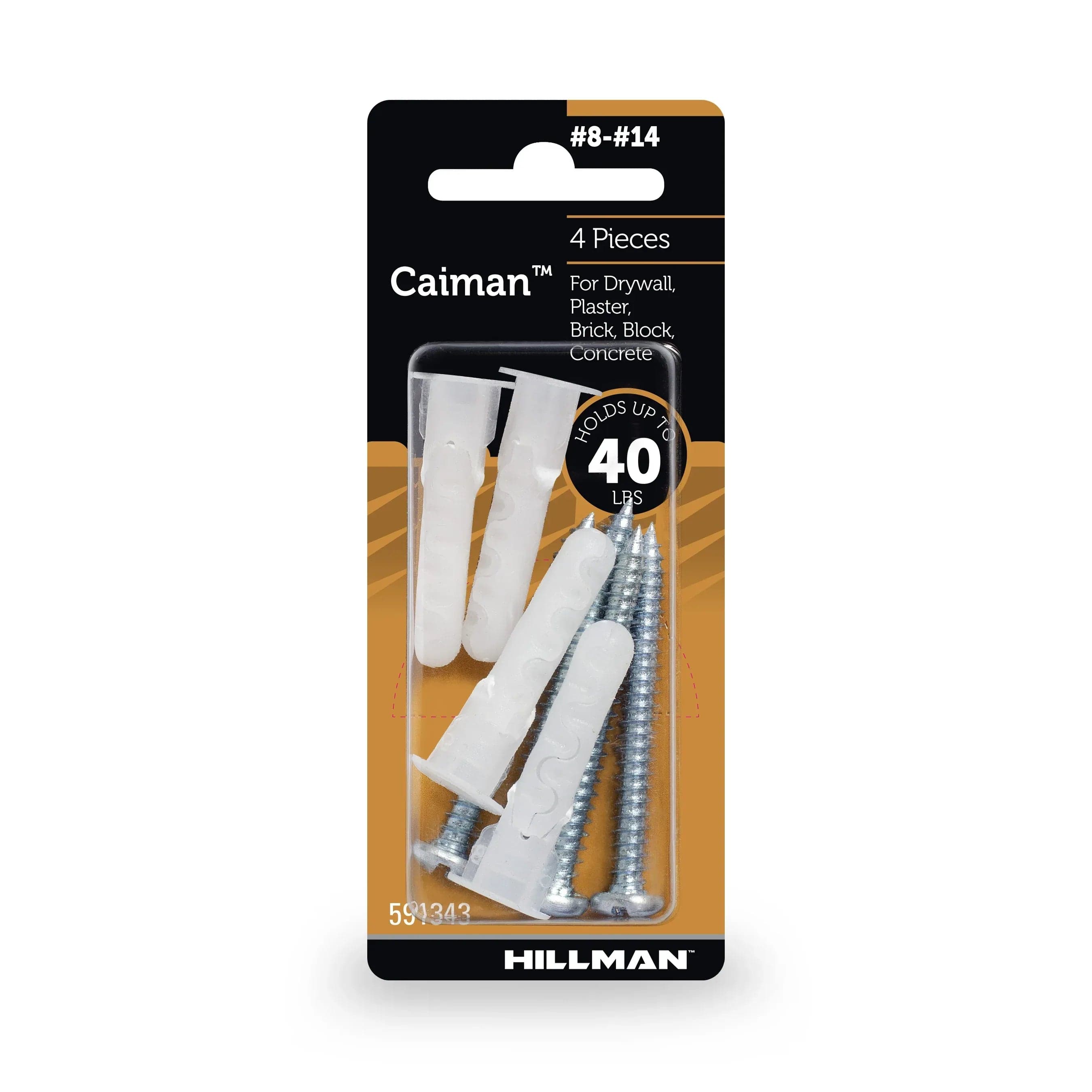 Hillman Caiman Multi-Material Wall Anchors, #8-14, Nylon and Steel, 40 lb, White, 4 Sets
