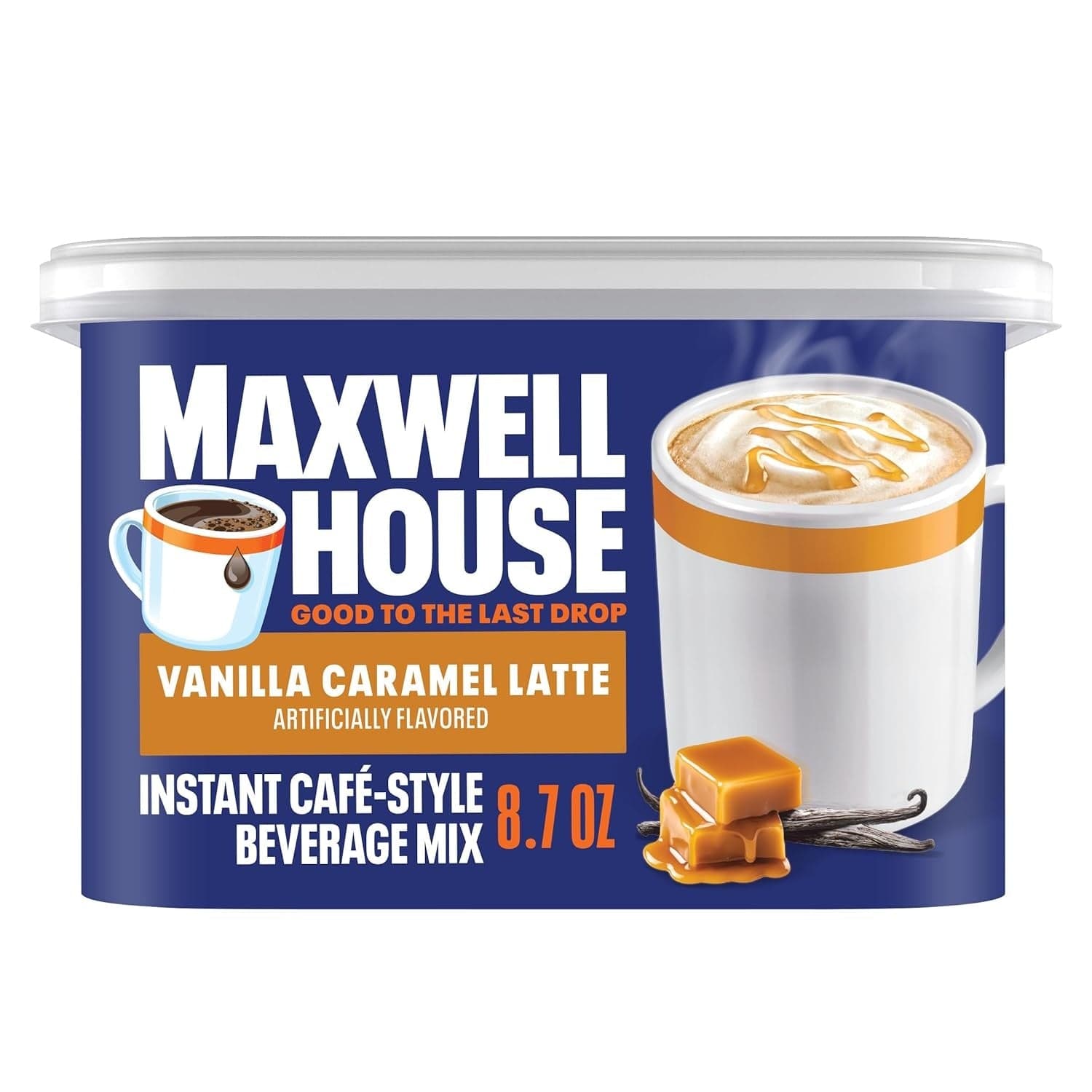 Maxwell House International Vanilla Caramel Latte Cafe-Style Instant Beverage Mix, Kosher Dairy, 8.7 oz Canister
