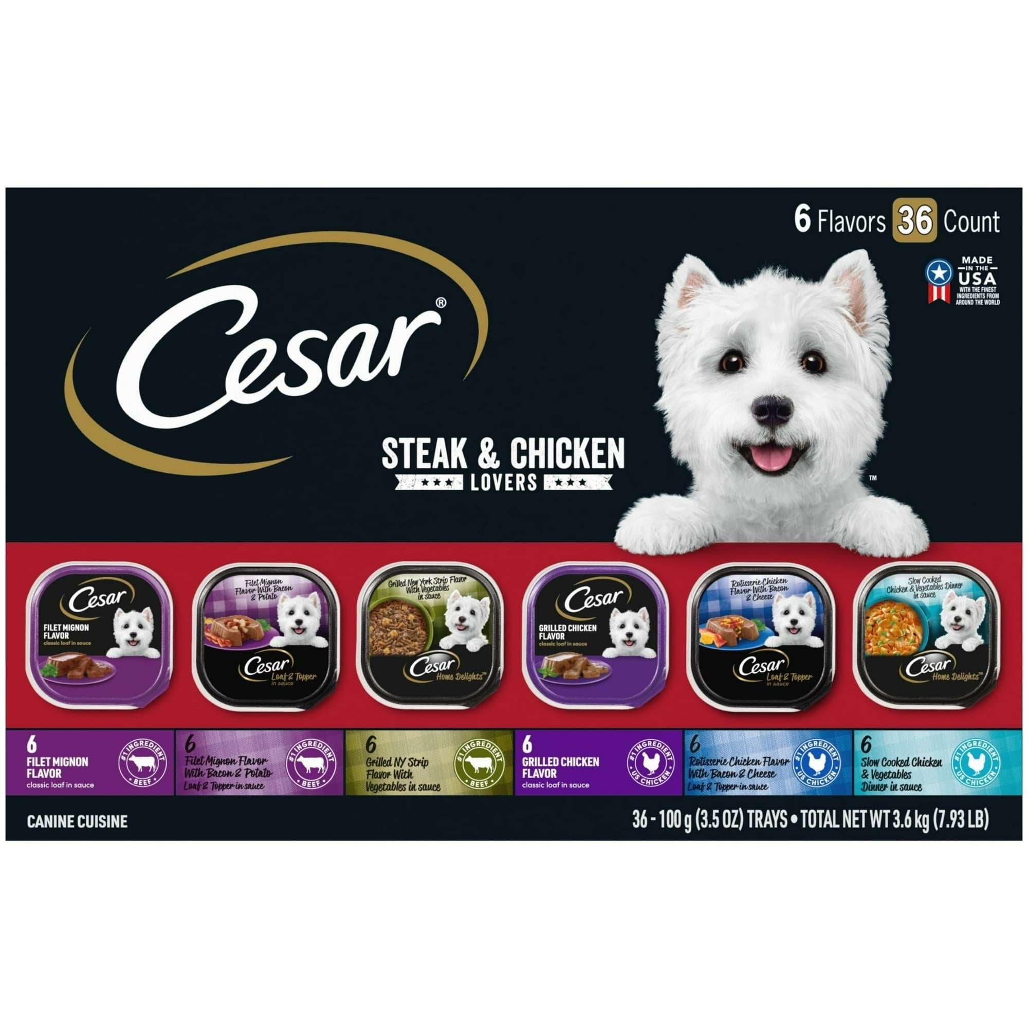 Cesar Steak and Chicken Lovers Wet Dog Food Variety Pack, 3.5 oz Trays, 36 Count