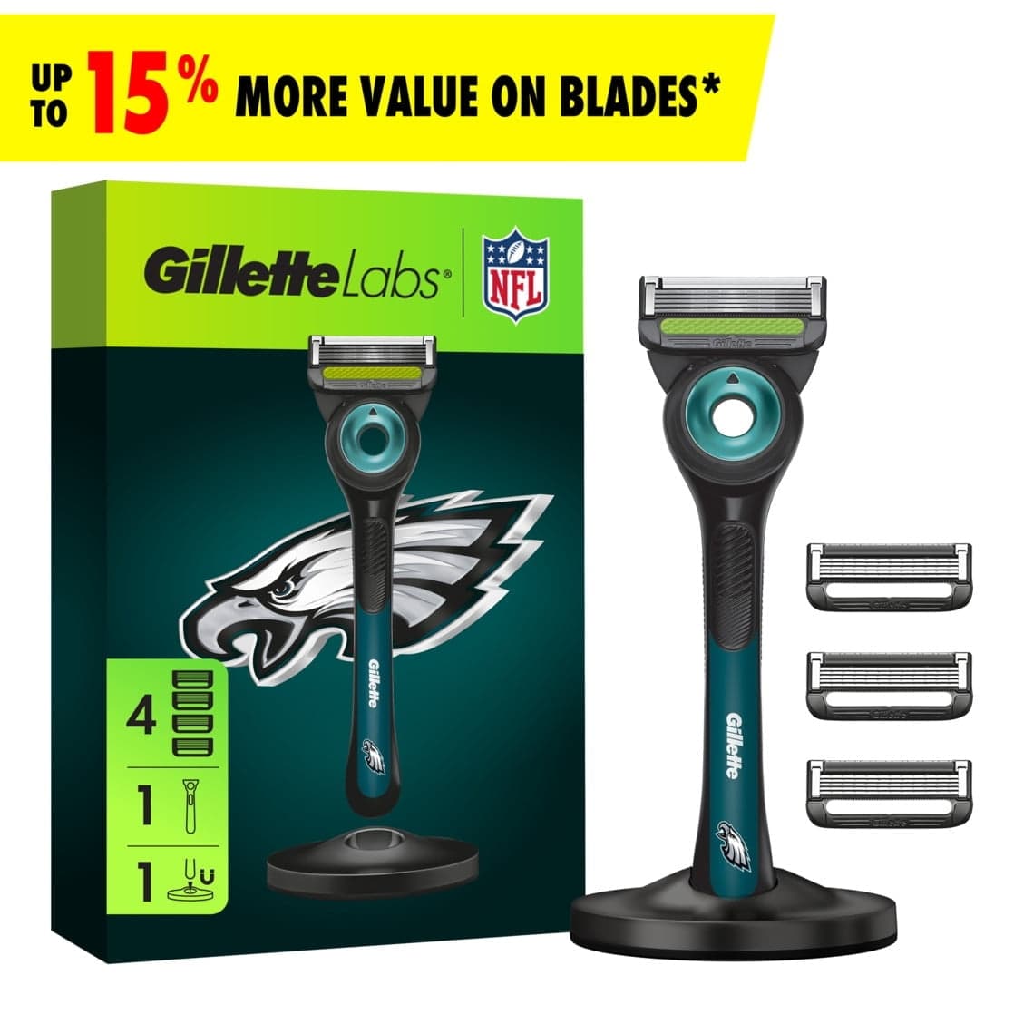Gillette Labs Official Eagles Licensed Razor for Men, 1 Handle, 4 Blade Refills, with Magnetic Stand