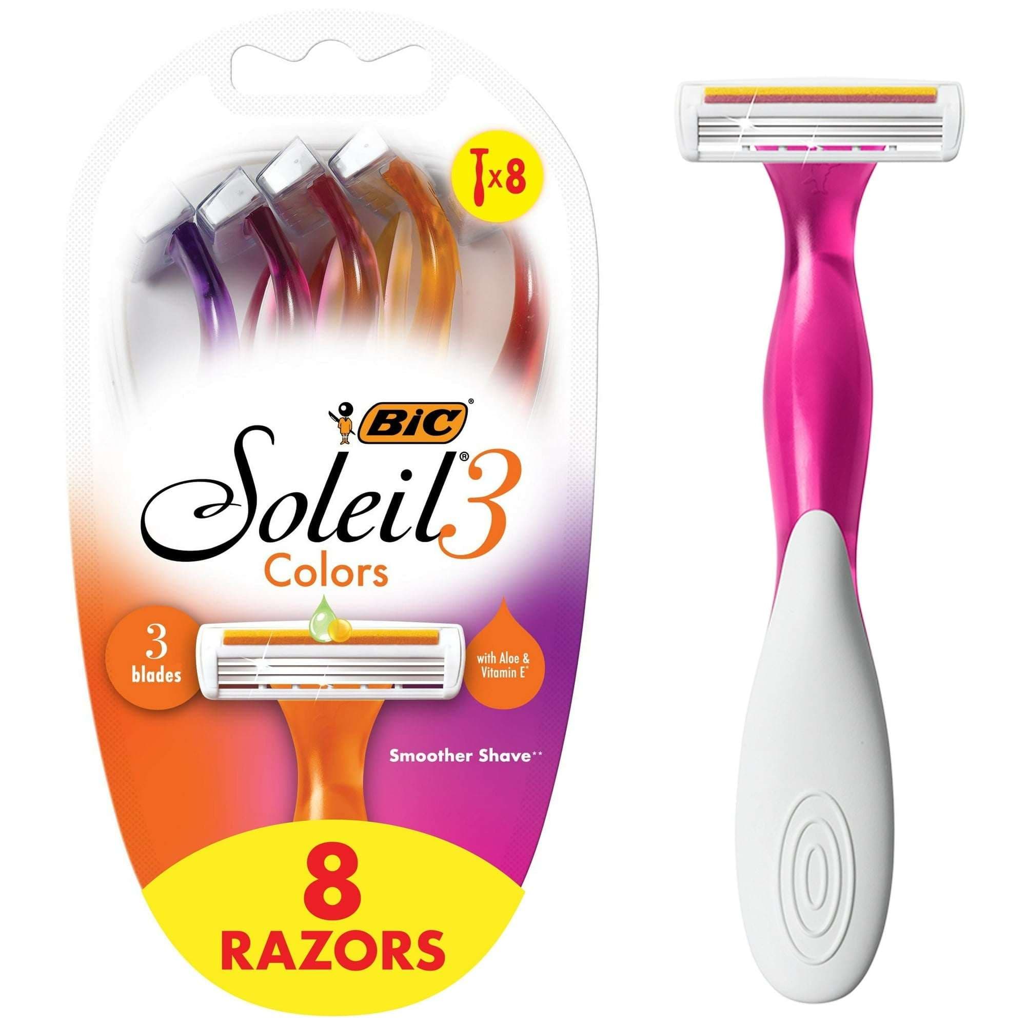 BIC Soleil 3 Colors Women's Razors, Colorful Handles, 3 Blades, 8 Count