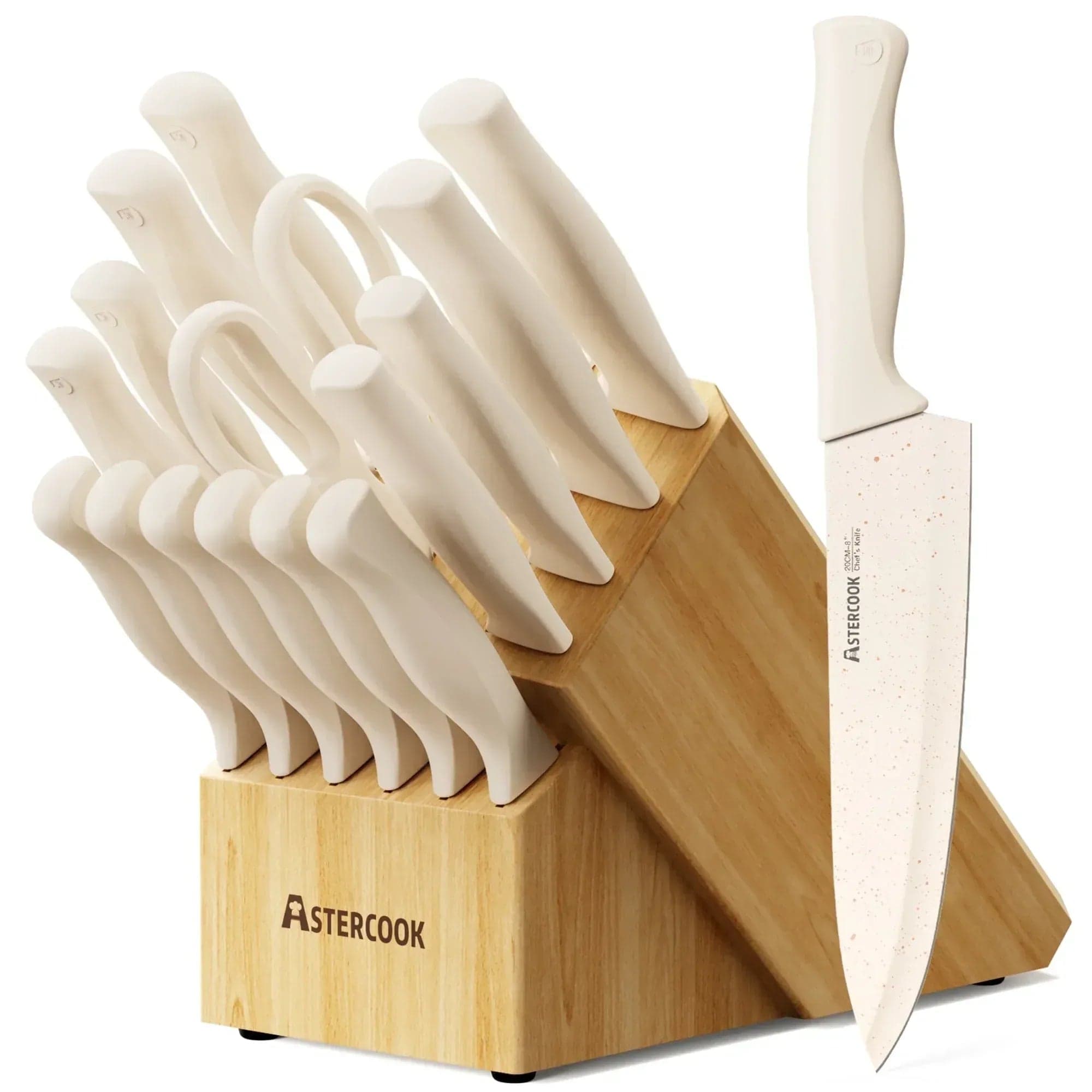 Astercook 17-Piece Kitchen Knife Set with Block, Built-in Sharpener and Anti-Rust Coating, German Stainless Steel, Dishwasher Safe