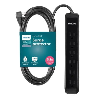 Philips Surge Protector Power Strip, 10ft Long Extension Cord, 6 Outlet Extender, 1080 Joules, Flat Plug, Black