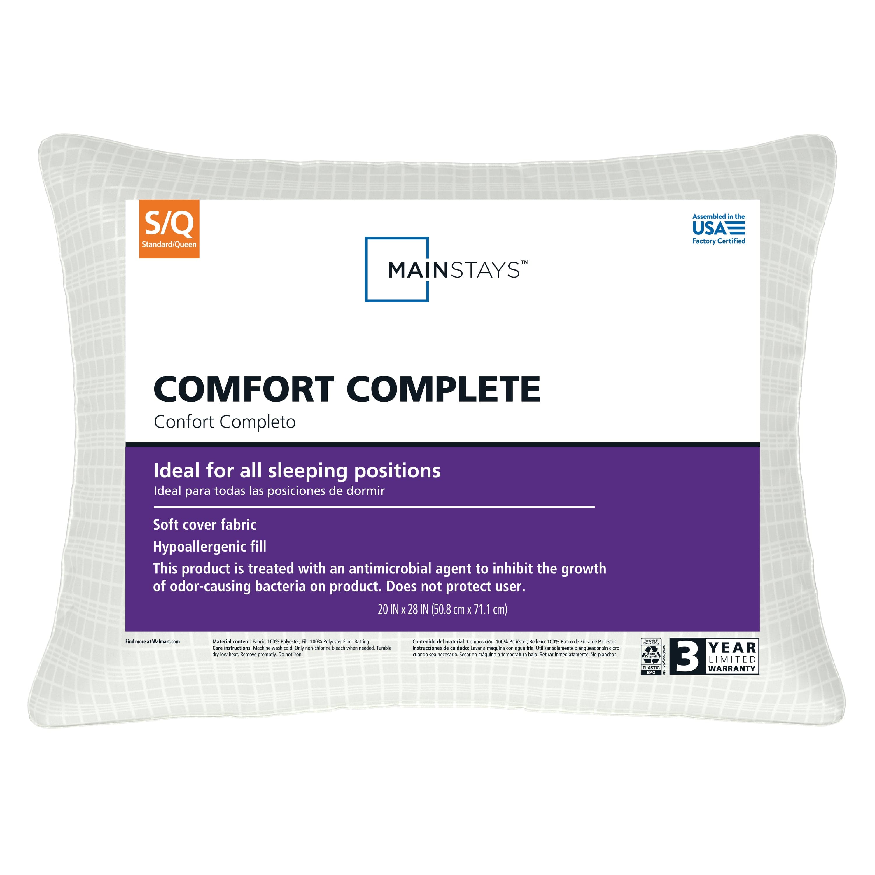 Mainstays Comfort Complete Bed Pillow, Standard/Queen
