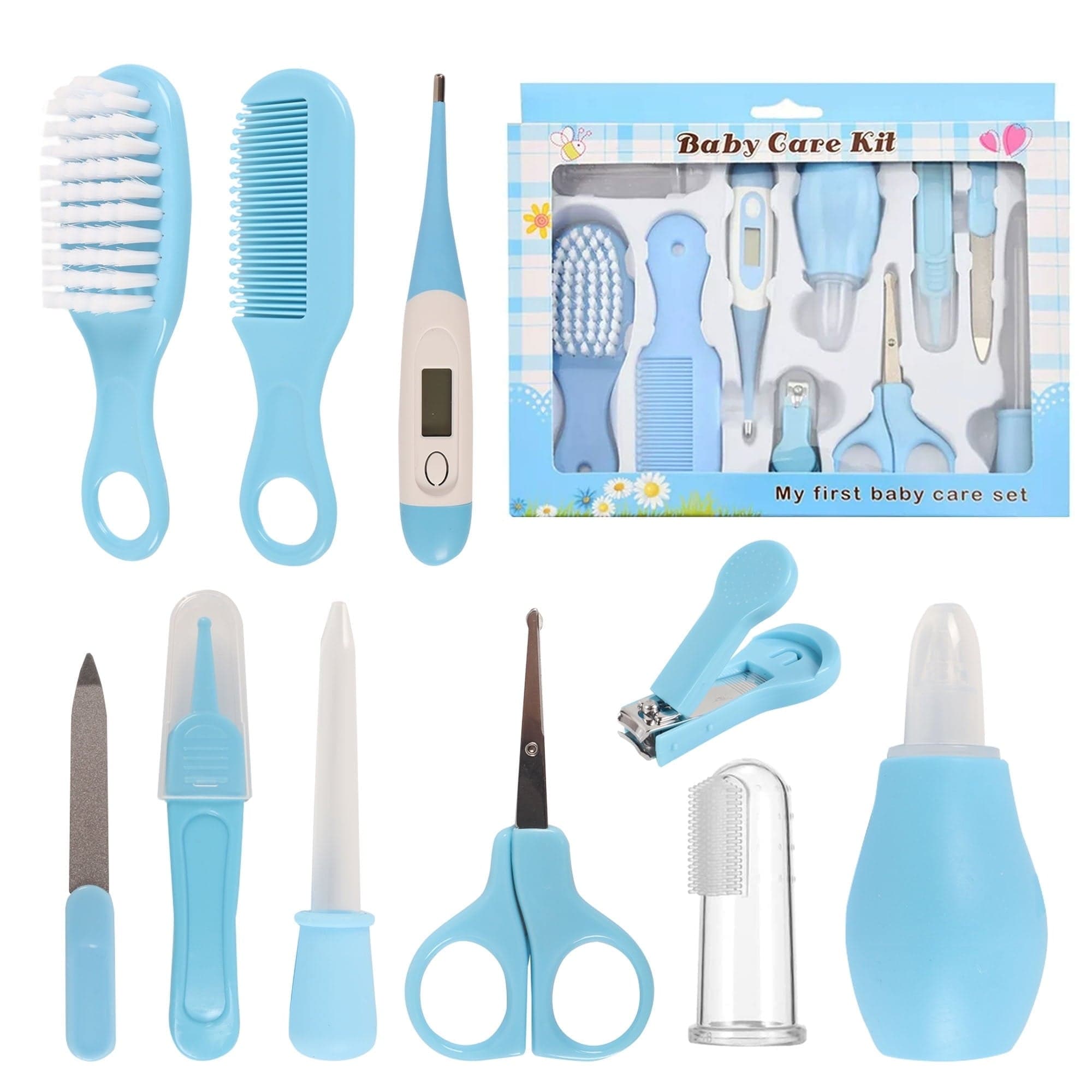 BUSATIA 10-in-1 Baby Healthcare and Grooming Kit, Newborn Nursery Care Set with Hair Brush, Comb, Nail Clipper, Thermometer, Pacifier Clip, and Nasal Aspirator
