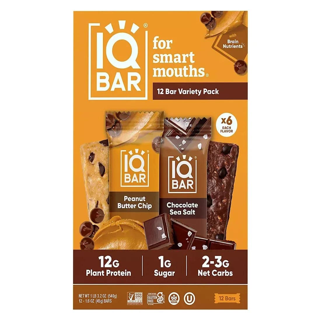 IQBAR Plant Protein Bars, Chocolate Sea Salt and Peanut Butter Chip Variety Pack, 12g Protein, 12 Count
