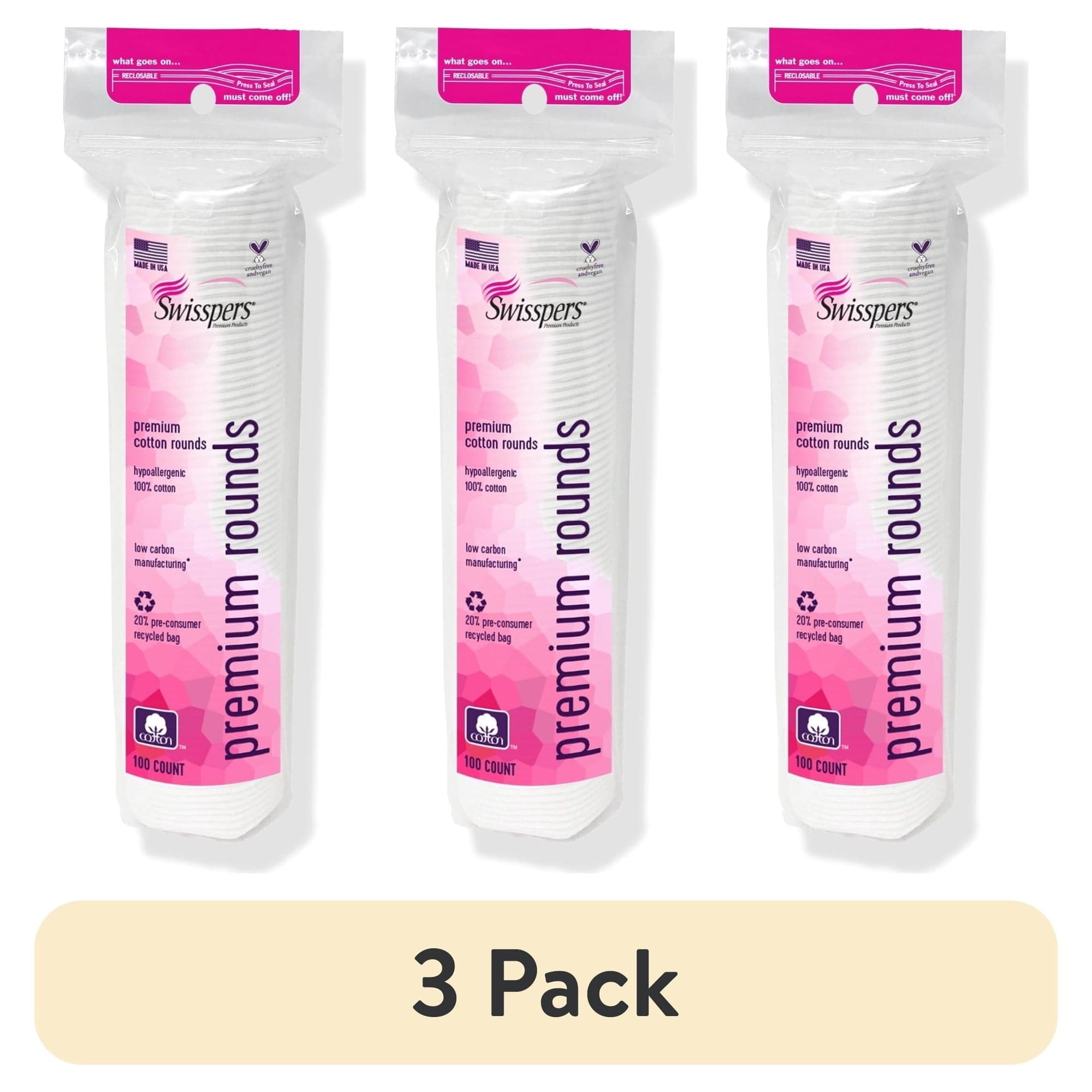 Swisspers Premium Cotton Rounds, 100% Pure Chlorine Free Cotton, Dermatologist Tested, Sensitive Skin Safe, Hypoallergenic, Cruelty-Free, Paraben Free, 100 Pads (3 Pack)