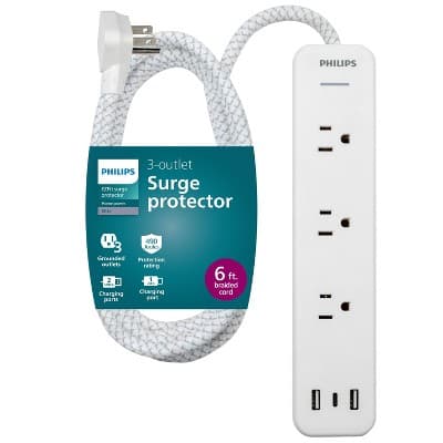 Philips Surge Protector Power Strip with USB Ports, 6ft Braided Extension Cord, 490 Joules, 3 Outlet Extender, 2 USB-A, 1 USB-C, Flat Plug, White