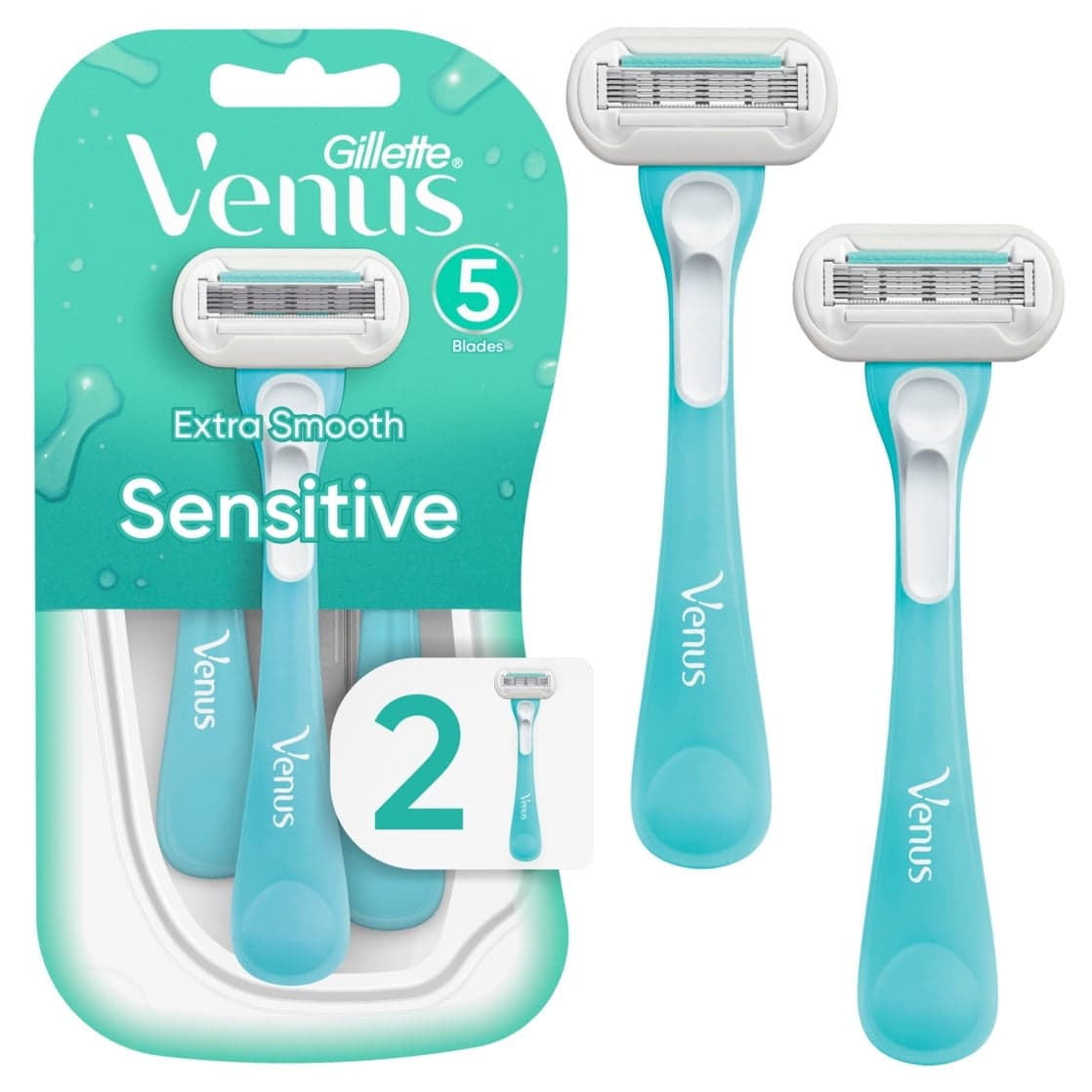 Gillette Venus Extra Smooth Sensitive Women's 5 Blade Disposable Razor, 2 Count, Blue