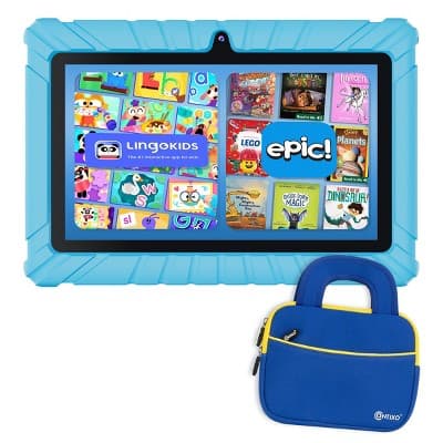 Contixo 7" Kids Tablet with Protective Sleeve Bag, 32GB Educational Android Tablet with Epic! & Lingokids, Kid-Proof Case for Kids Ages 3-12, Purple